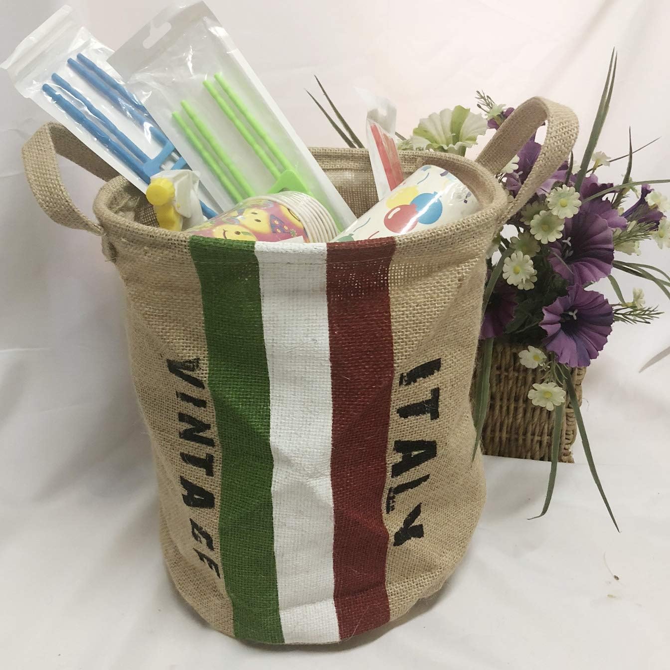 Burlap Woven Storage Basket Collapsible Vintage / Italy Flag