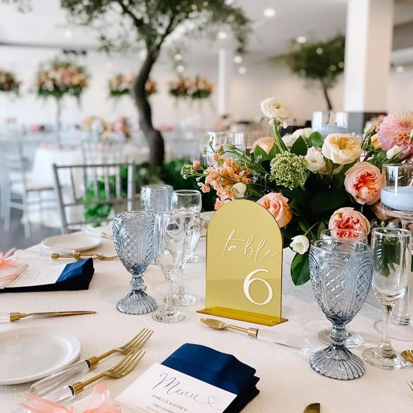 HOODO Gold Mirror Acrylic Wedding Table Numbers 1-25 with Stands, 5"x7" Arched Acrylic Signs and Holders, Gold Mirror