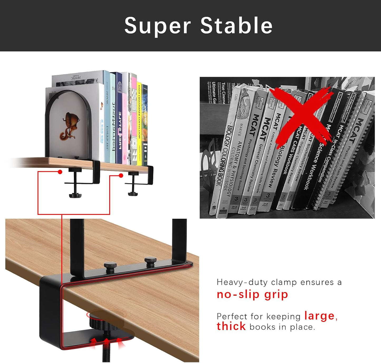 Super Steady Clamp-On Non-Skid Metal Book Shelves / 1 Pair / Black