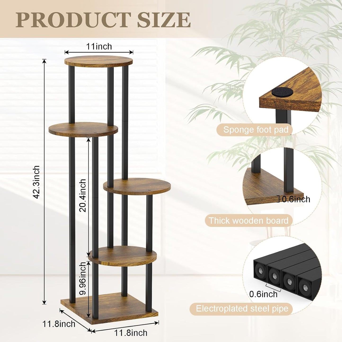 5 Tier Plant Stand Indoor, Metal Wooden Tall Plant Shelf Flower Pot Stand for Multiple Plants, Corner Flower Holder