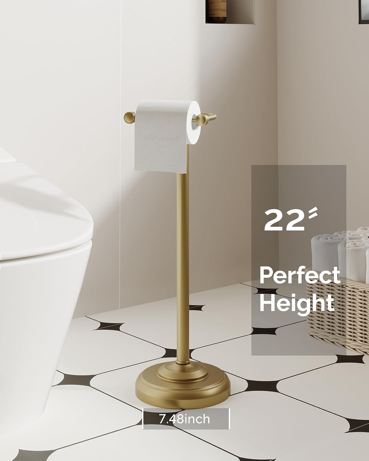 Gold Toilet Paper Holder Stand Stainless Steel & Weighted Base | Brushed Finish Post Pivoting Design Easy to Change