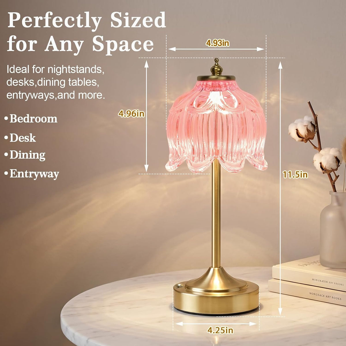 Pink Glass Flower Lamp, Rechargeable Cordless Table Lamp | Amber rechargeable lamp with 5200mAh battery, 3 color modes