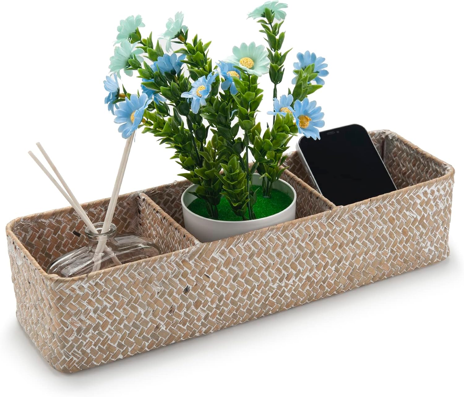 Seagrass Storage Basket 3 Sections Woven Shelf / Whitewash 3 Sections Without Lid / 14.6 x 4.7 x 3.1