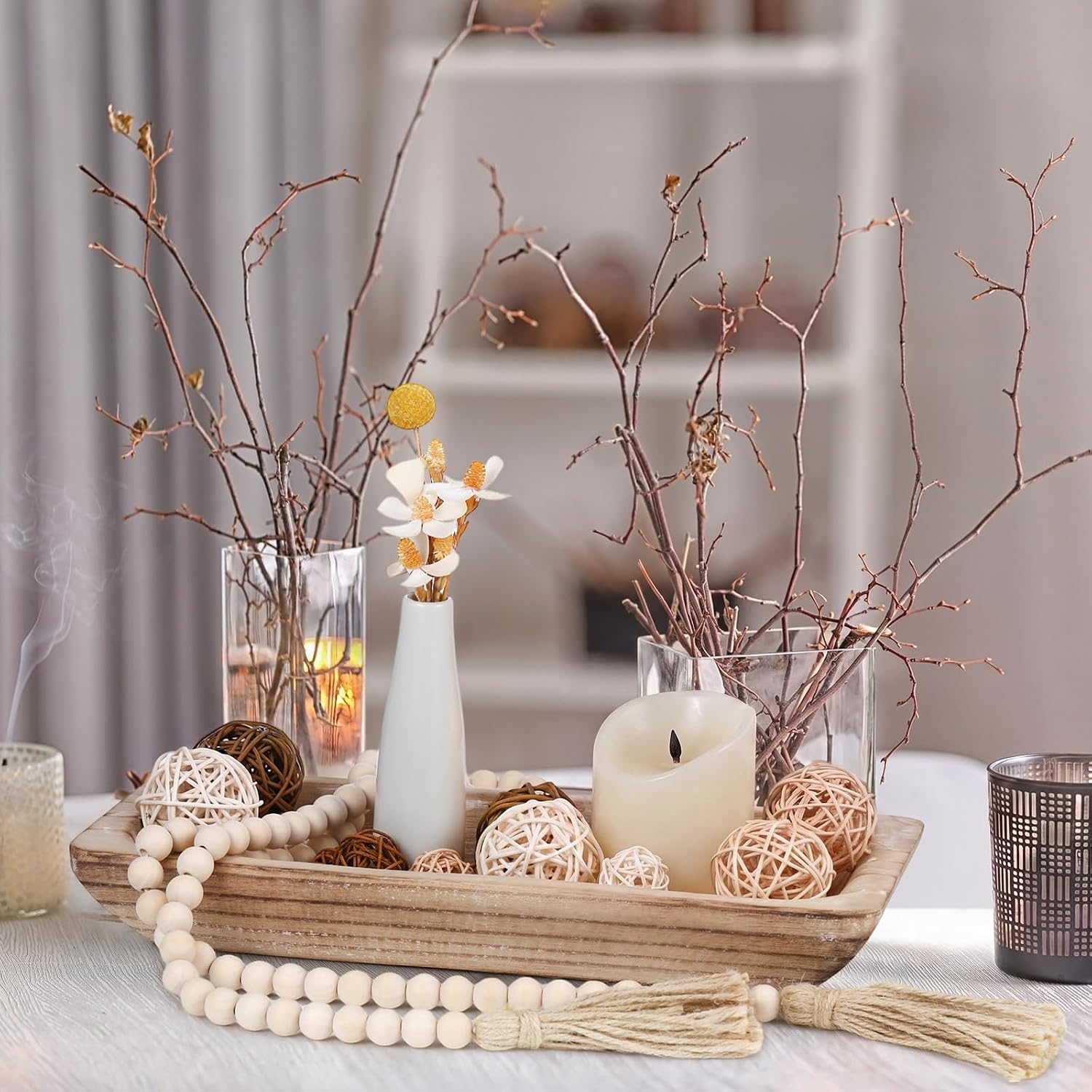 Wooden Centerpiece Table Decorations Wood Dough Bowl Wicker Rattan Balls Beads / White / Set of 17