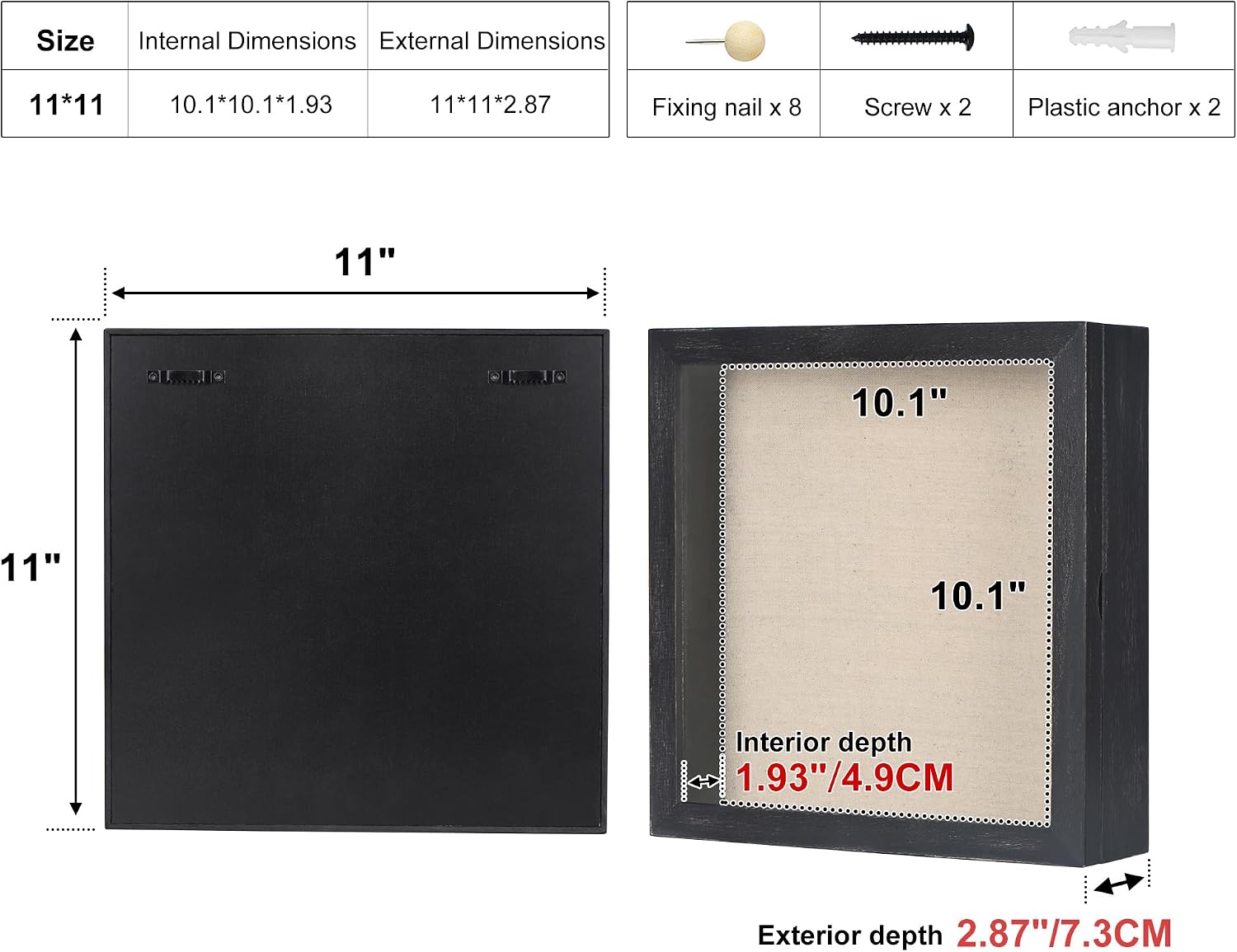 Love-KANKEI Deep Shadow Box 11x11,Solid Wood Frame,Memory Box,Rustic Black | Front-Opening Glass Magnetic Door,Linen