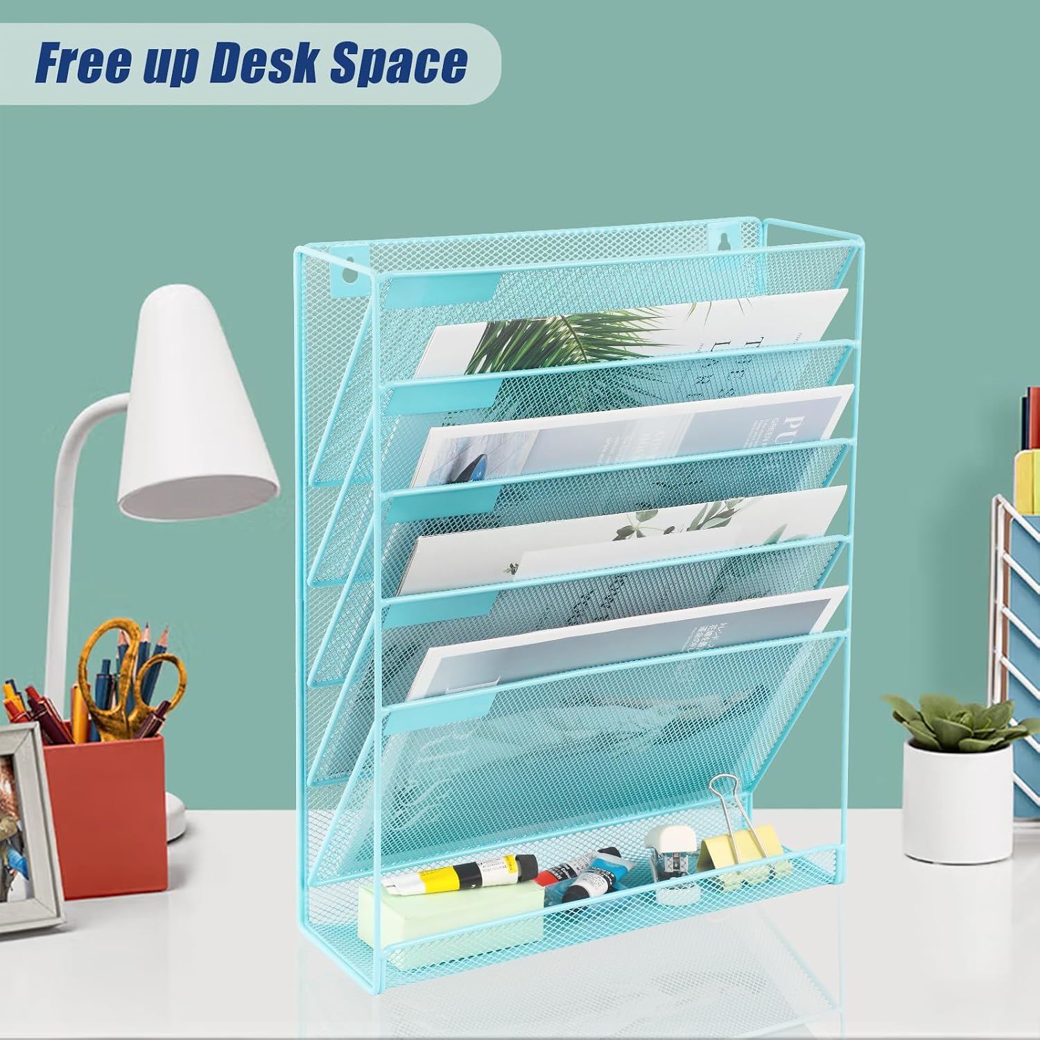 Desk File Organizer Mesh 6-Tier, Hanging Wall Mount Document Organization Stand, Desktop Vertical Mail Paper Folder