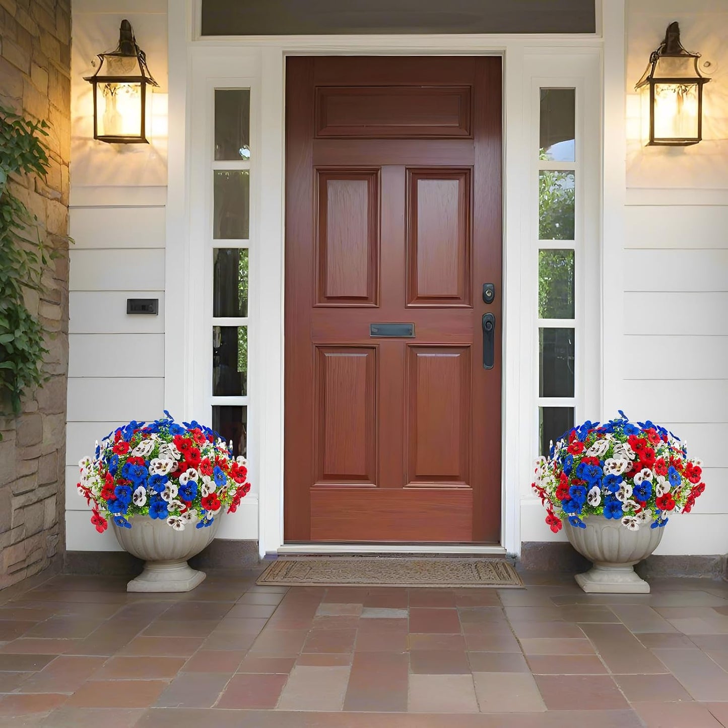 Artificial Fake Pansy Flowers / Red, White, Blue / Set of 18