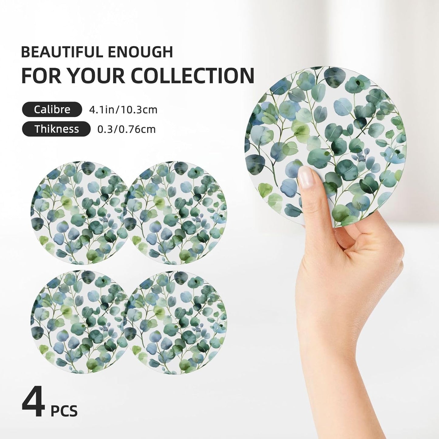 Coasters for Drinks Absorbent Round Ceramic Coasters / Green Eucalyptus Leaves / 4.1 Inch / Set of 4
