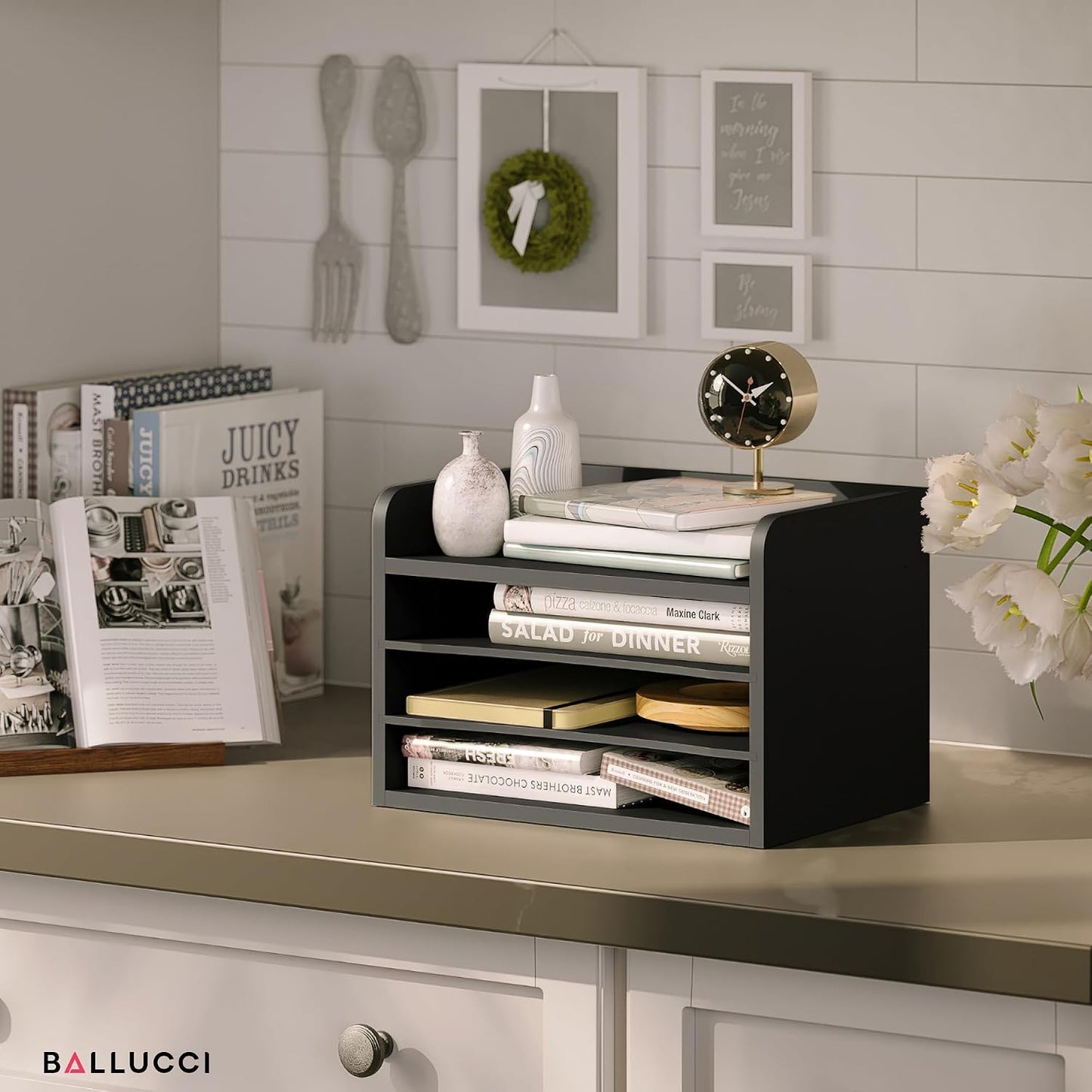 Ballucci File Organizer, 4-Tier Office Desk Organizer, Open Top Wood Paper Organizer for Classroom, Mail Sorter Paper