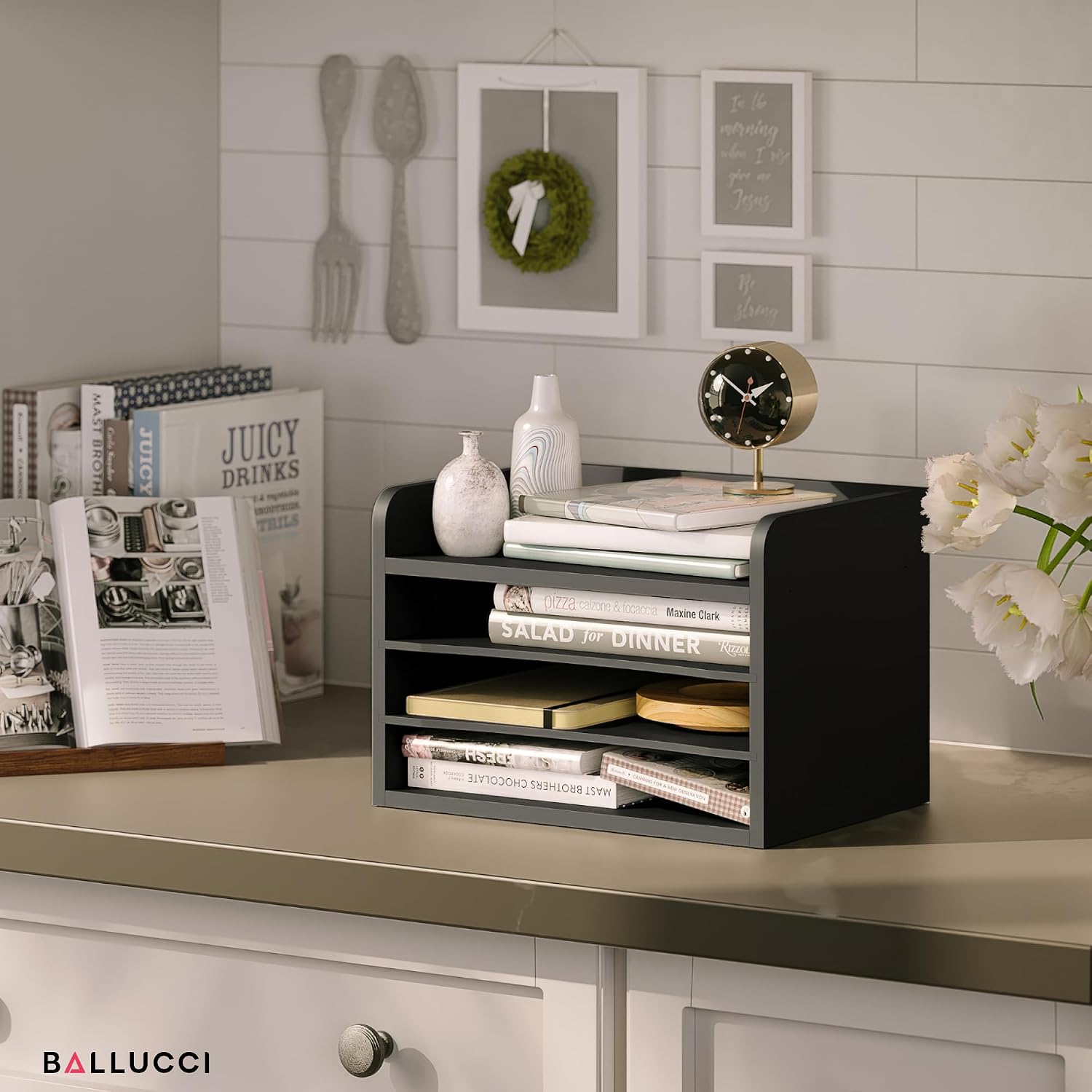 Ballucci File Organizer, 4-Tier Office Desk Organizer, Open Top Wood Paper Organizer for Classroom, Mail Sorter Paper