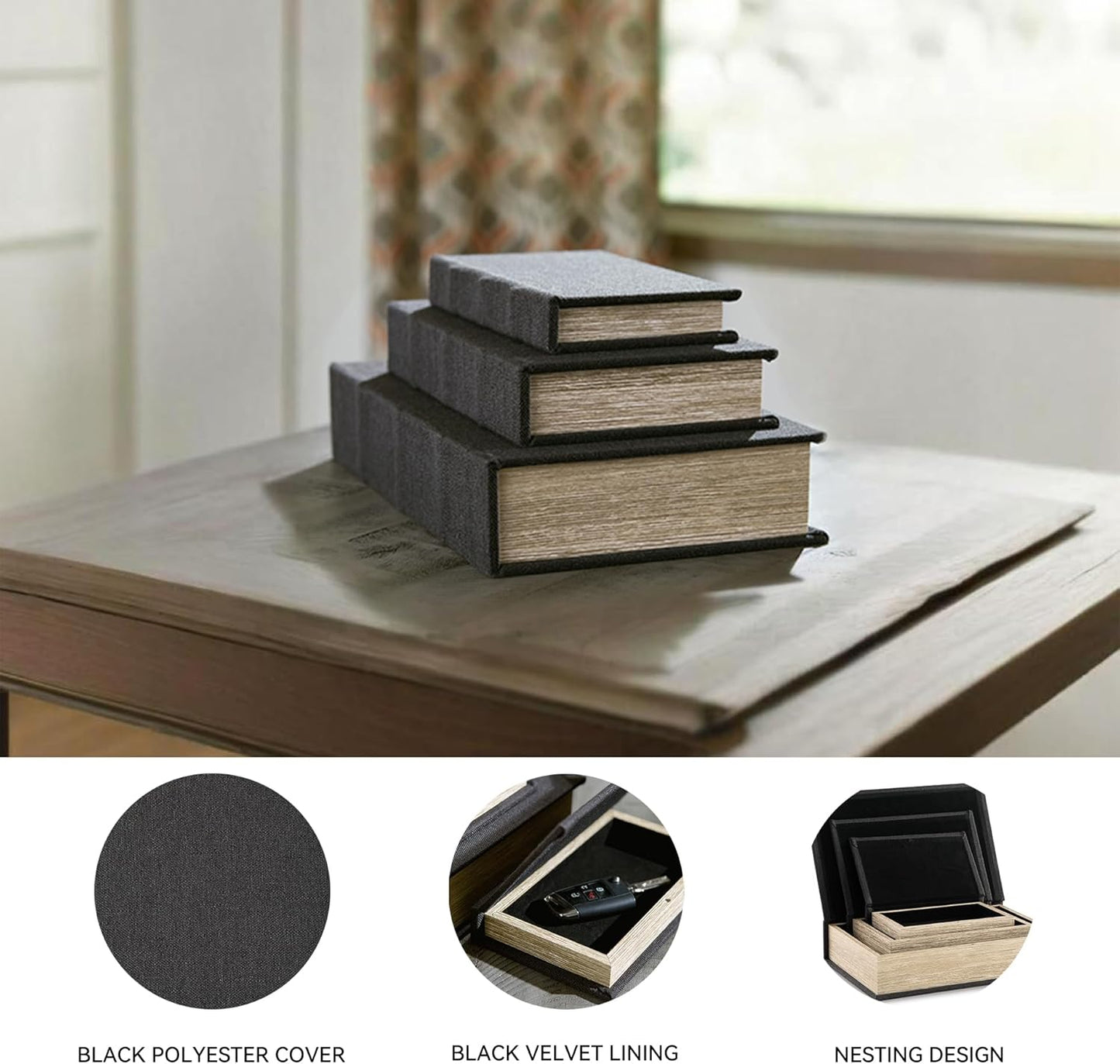 Jolina Vintage 3 Piece Faux Book Keepsake Storage Box Set / Black