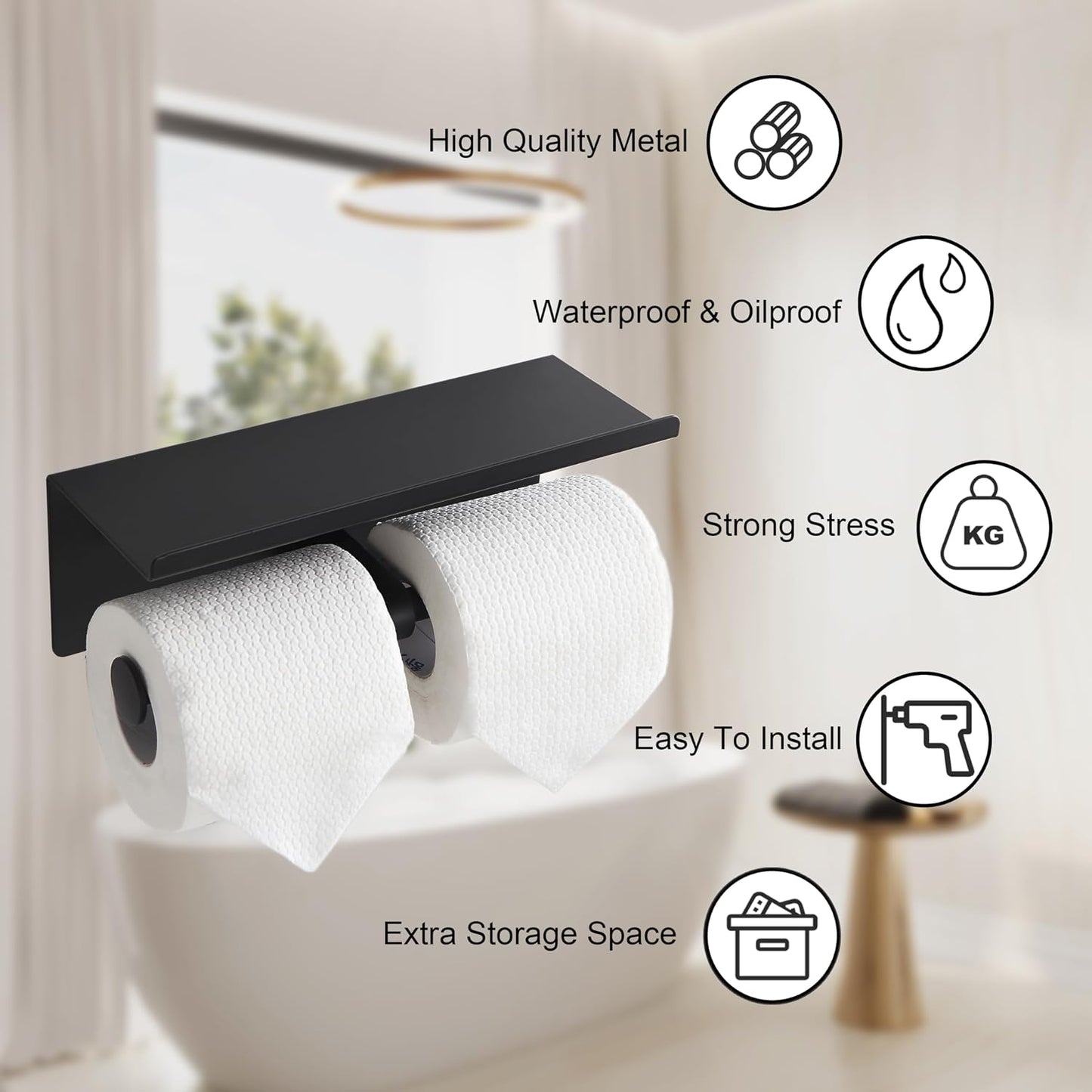 Black Toilet Paper Roll Holder with Shelf Wall Mounted for Bathroom (Black, Double Head)