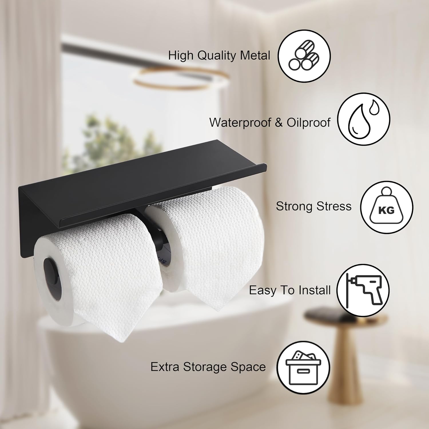 Black Toilet Paper Roll Holder with Shelf Wall Mounted for Bathroom (Black, Double Head)