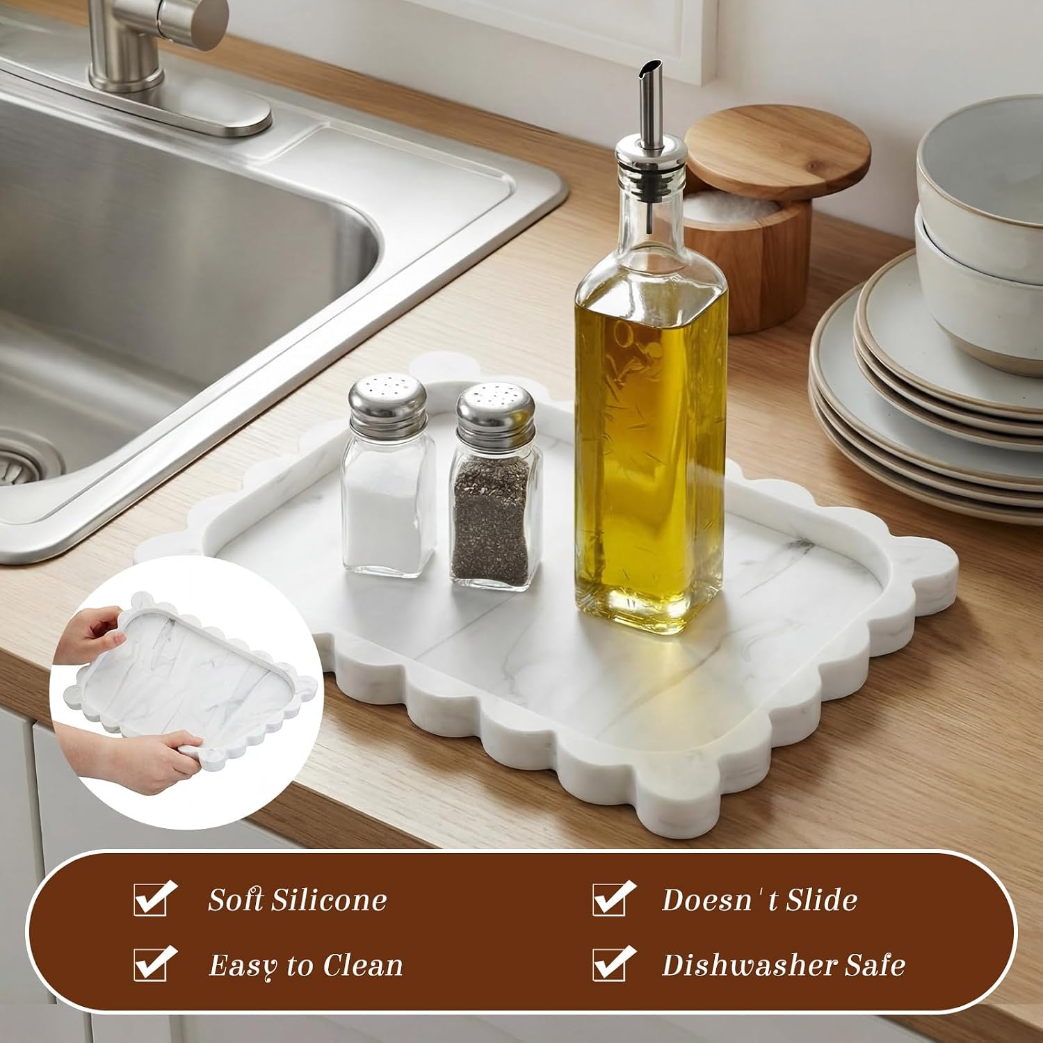 Silicone Bathroom Tray Scalloped Silicone Decorative Tray for Soap Dispenser / White / 11.5 x 8.7