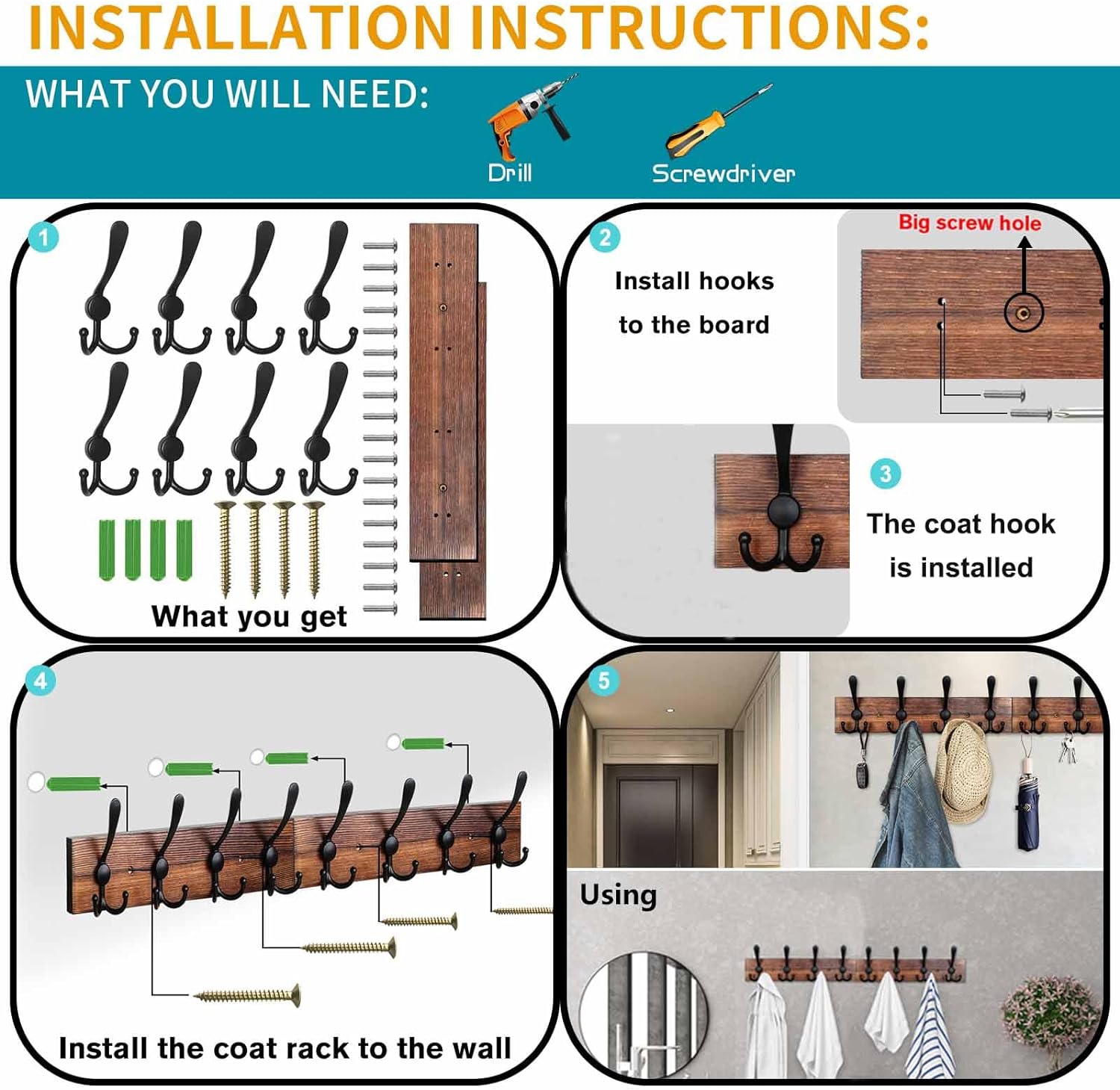 Coat Rack Wall Mount 31.5'' Coat Hanger Wall Mount / 1 Item-8 Hooks / Burnt Brown Plate & Black Hook