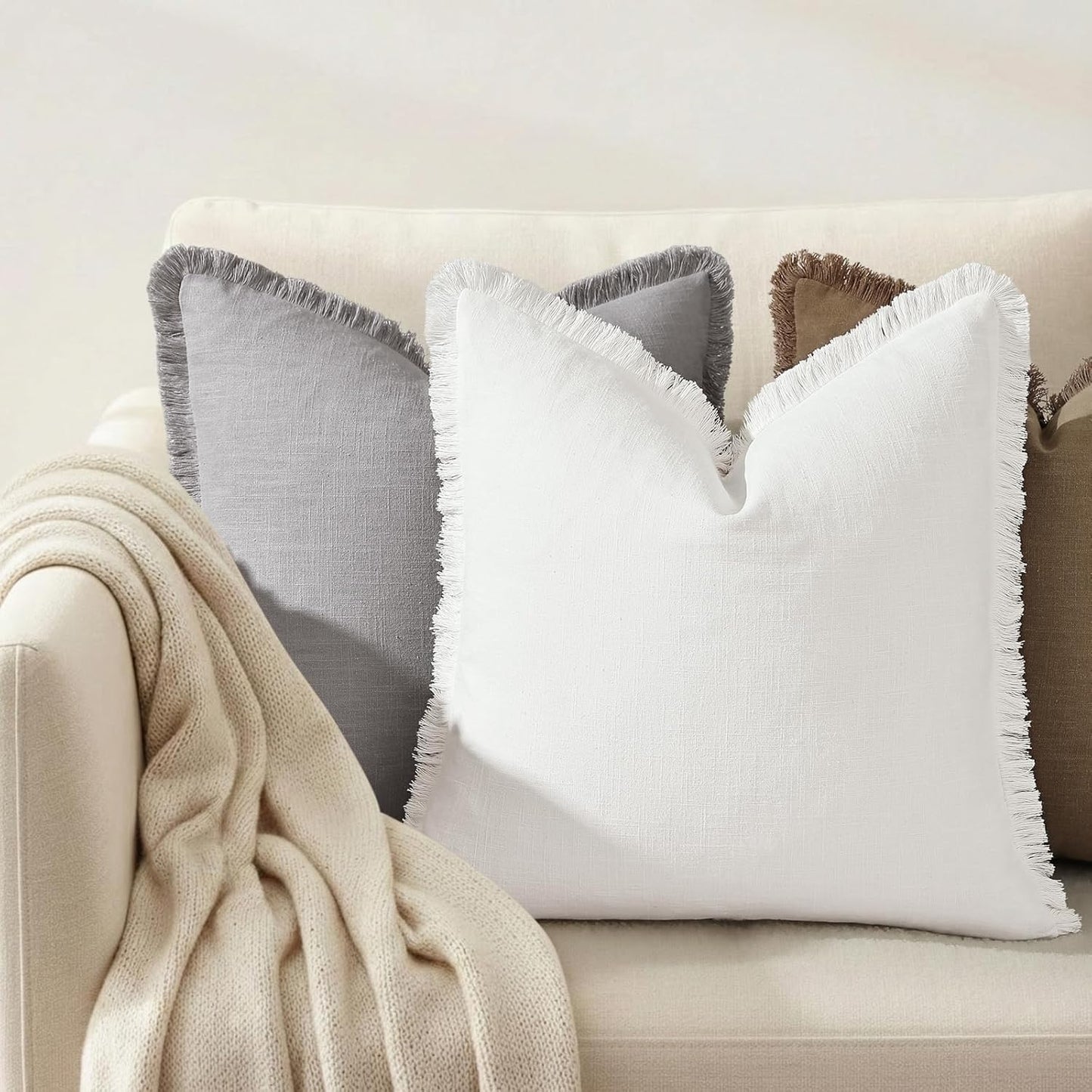 Summer Decorative Neutral Linen Fringe Throw Pillow Covers Pillow / Cream White / 18 x 18 / Set of 2