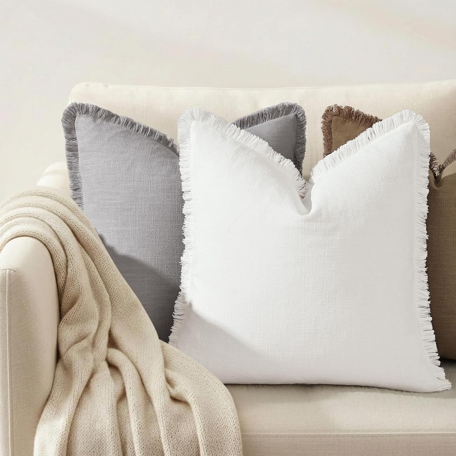 Summer Decorative Neutral Linen Fringe Throw Pillow Covers Pillow / Cream White / 18 x 18 / Set of 2