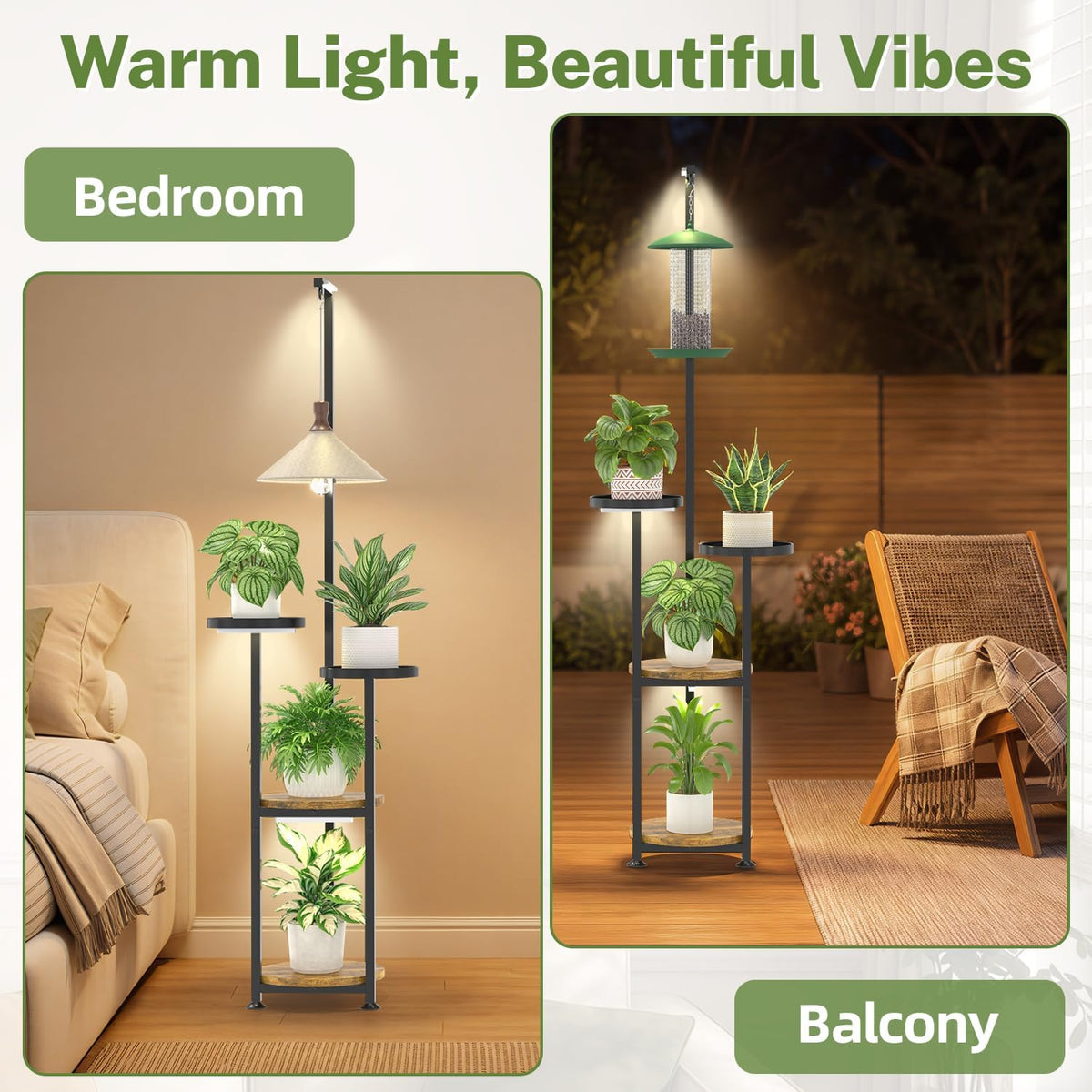 iDavosic.ly Hanging Plant Stand with Grow Light Indoor, 4 Tier, Black Brown | Tall Vertical Corner Metal Flower Shelf