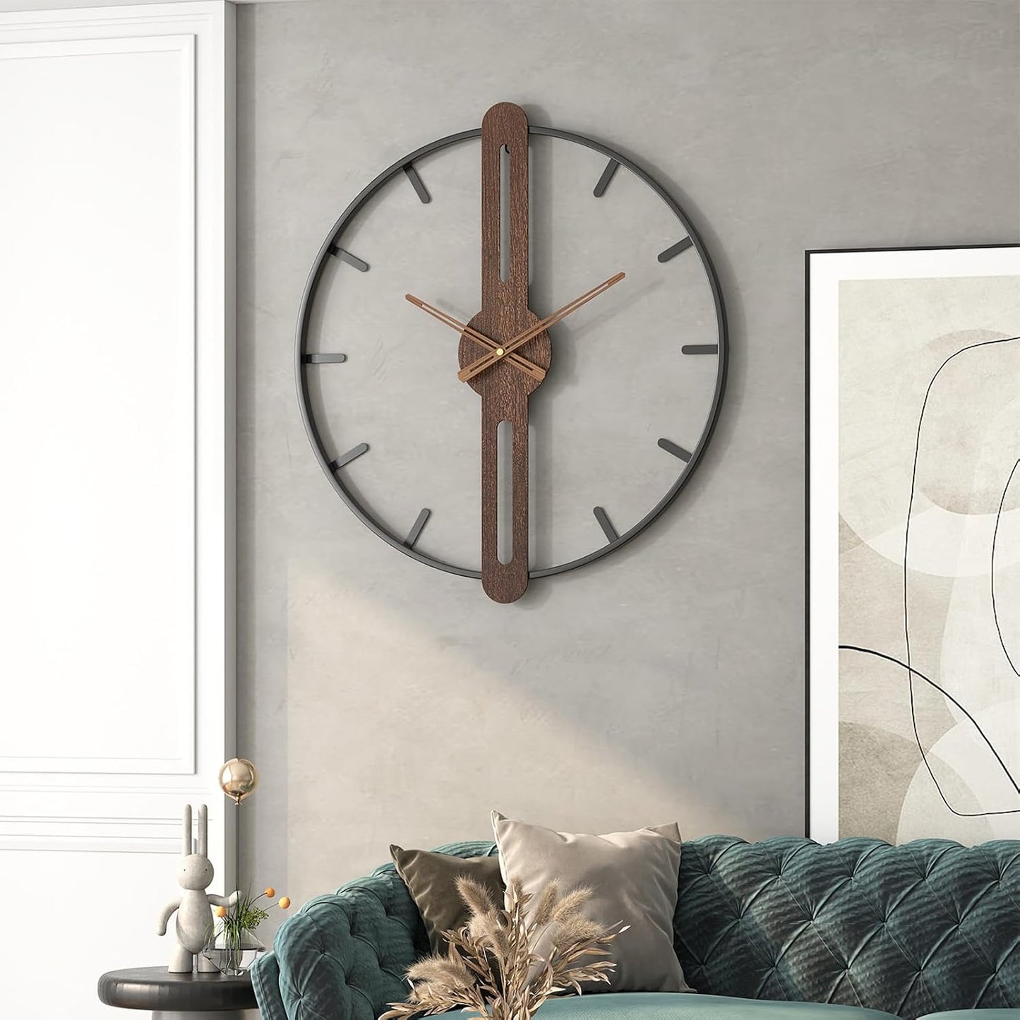 Modern Walnut Dial Wall Clock, Wood Large Wall Clock Decor Metal Frame Silent Non Ticking for Living Room, Bedroom