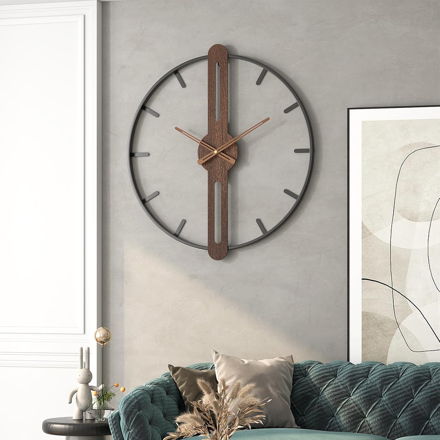 Modern Walnut Dial Wall Clock, Wood Large Wall Clock Decor Metal Frame Silent Non Ticking for Living Room, Bedroom