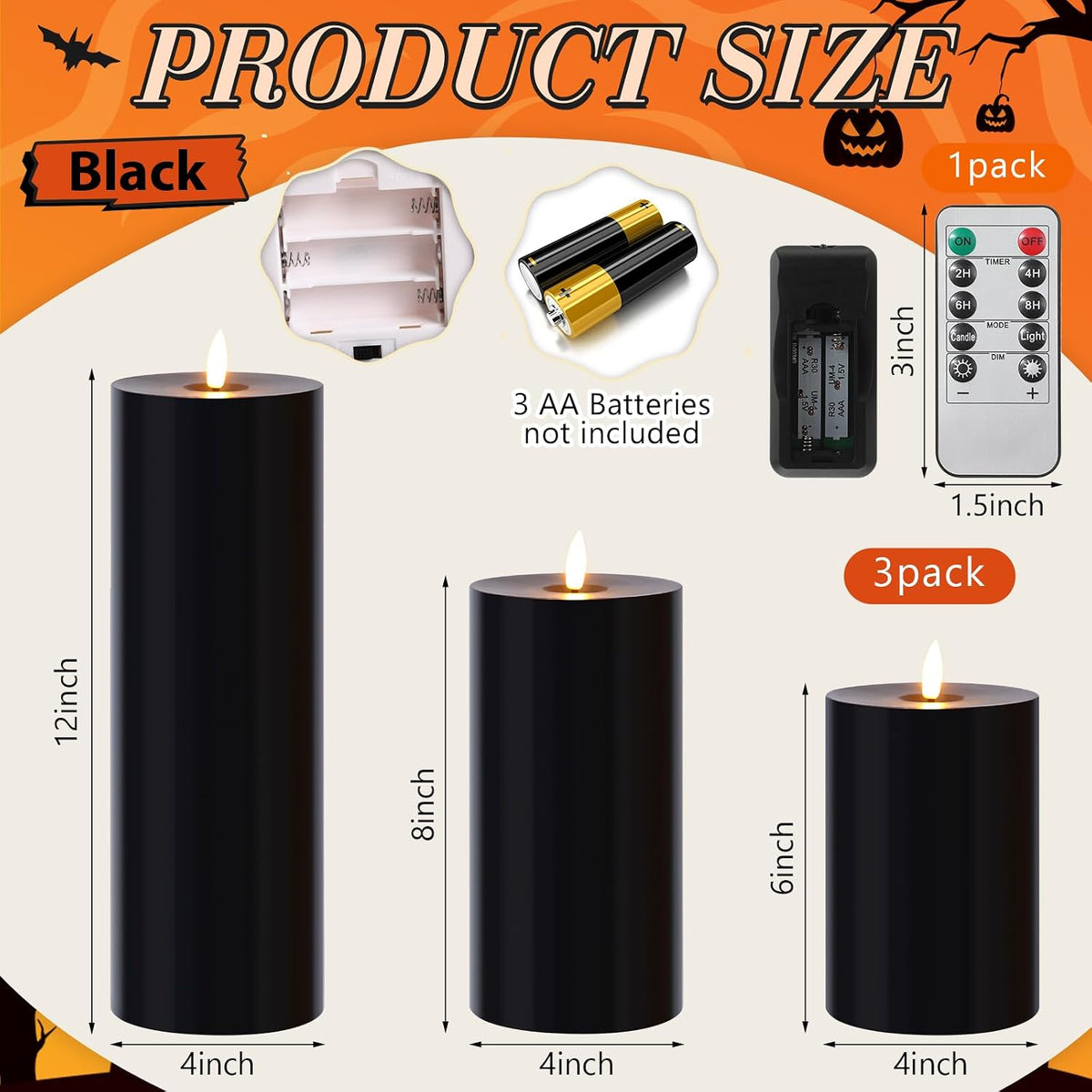 3 Pcs Halloween 6/8/12 Inches Black Flameless LED Candles with Remote and 2/4/8h Timer Battery Operated Electric Wax