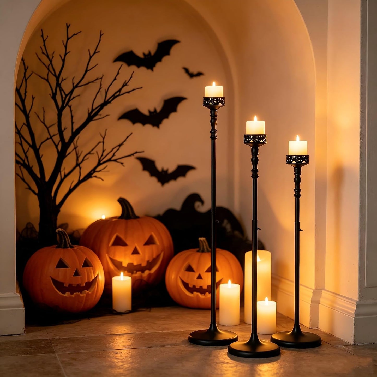 3Pcs Matte Black Floor Candle Holders Centerpieces for Pillar Candles | Adjustable Height,Halloween Metal Candlestick