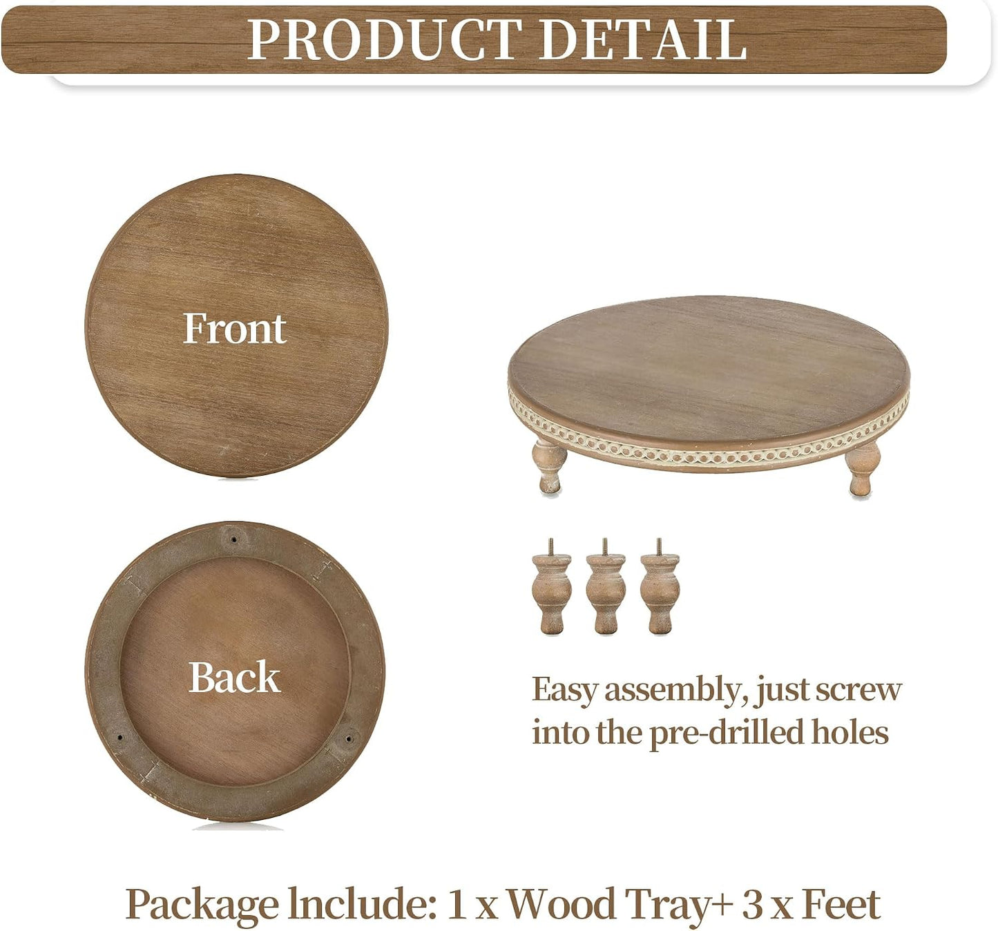 Beaded Vintage Wood Pedestal Risers Farmhouse Circle Display Holder for Coffee / Brown