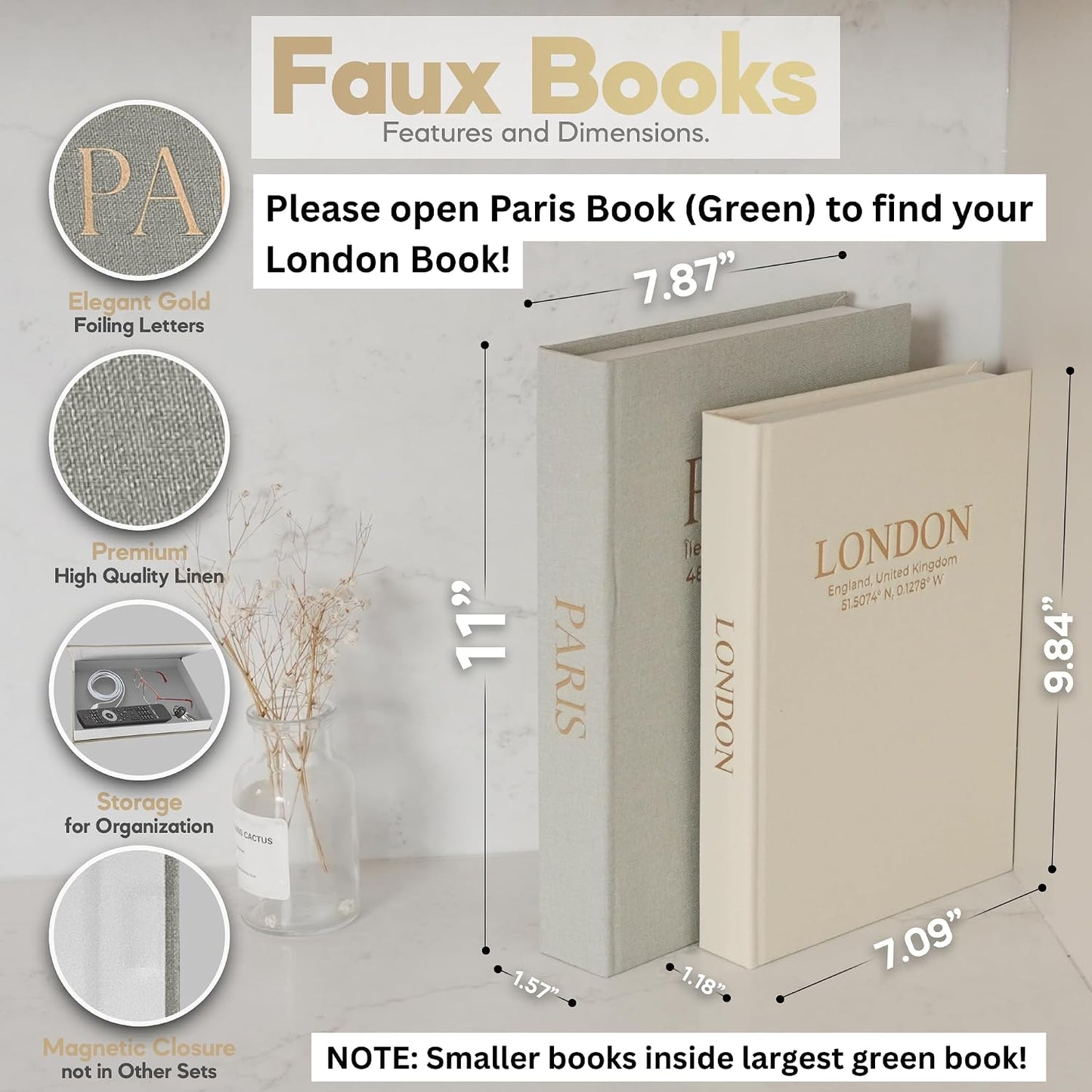 Faux Linen Book Boxes / Cream/green / Modern / Set of 2