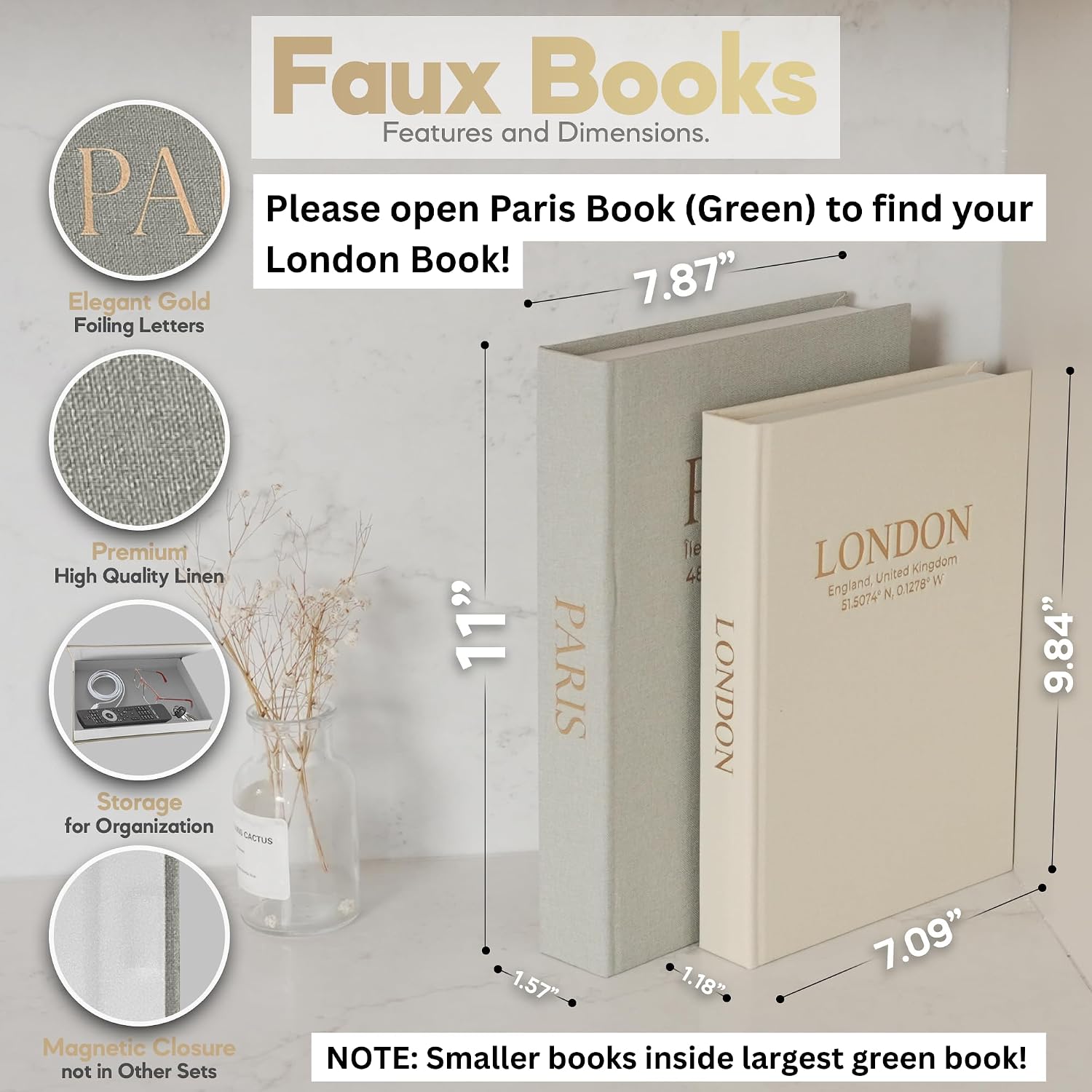 Faux Linen Book Boxes / Cream/green / Modern / Set of 2