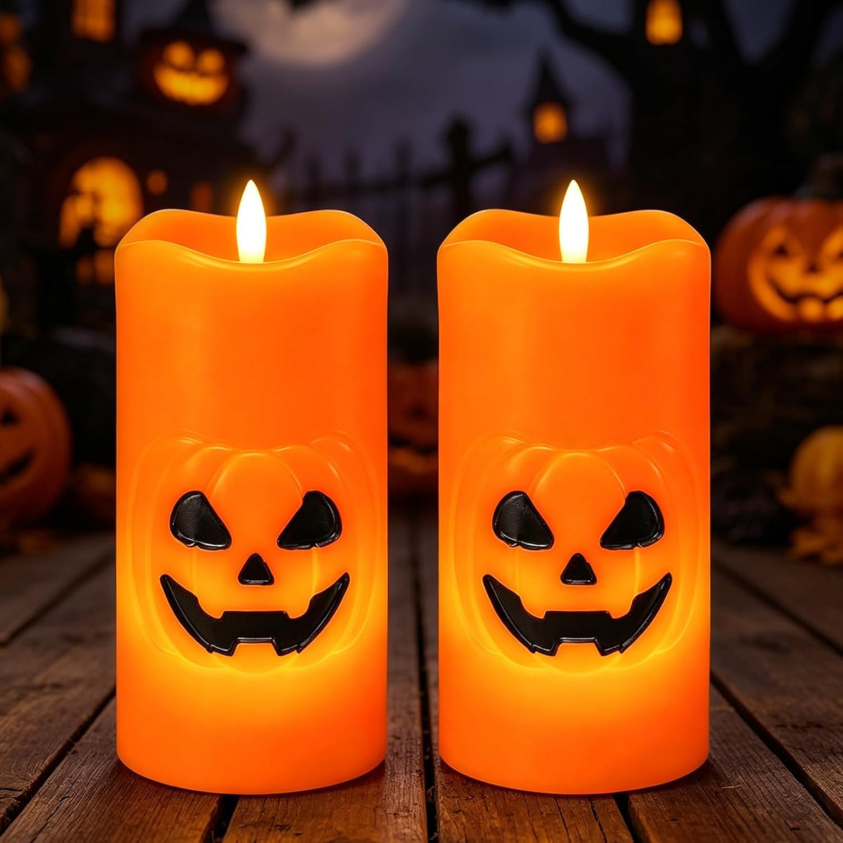 Halloween Pumpkin Flameless Pillar Candles with 6H Timer, 2PCS