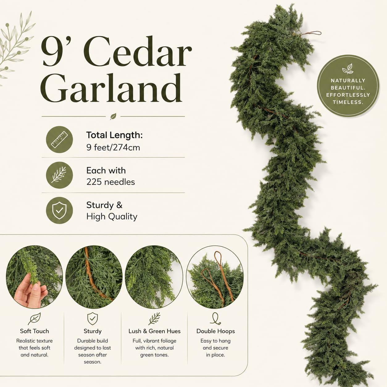 Avoeco Deluxe 9FT Real Touch Cedar Christmas Garland | Lush Soft Natural-Drape Artificial Greenery Christmas Decor
