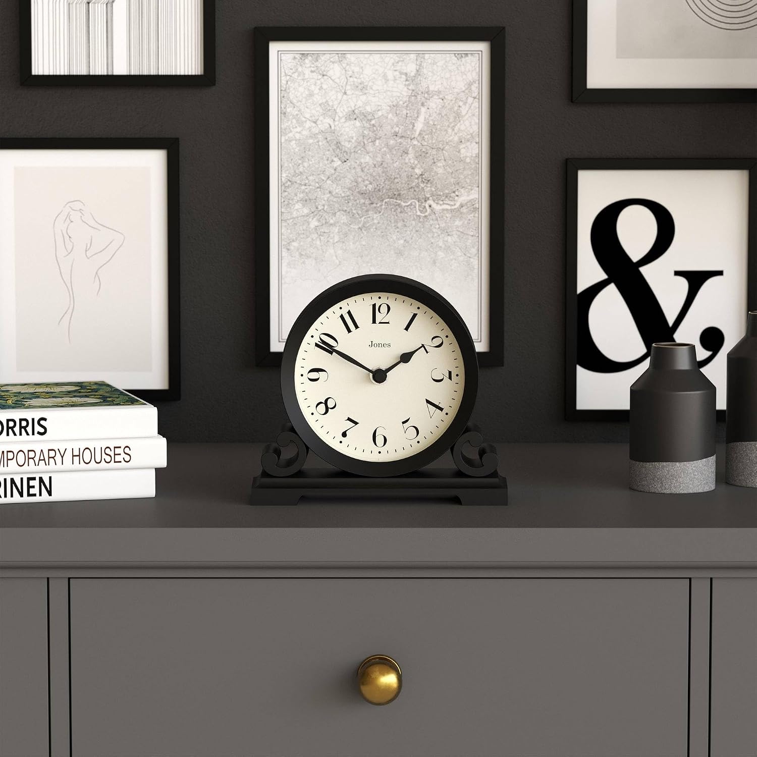 JONES CLOCKS® Saloon Mantel Clock | Small Traditional Double Scroll Design | Black | Contemporary Classic Style for