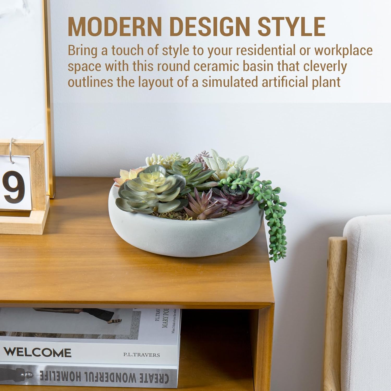 Round Modern Artificial Succulent Arrangement Potted in Gray Concrete Plant Bowl / Grey / 8 Inch
