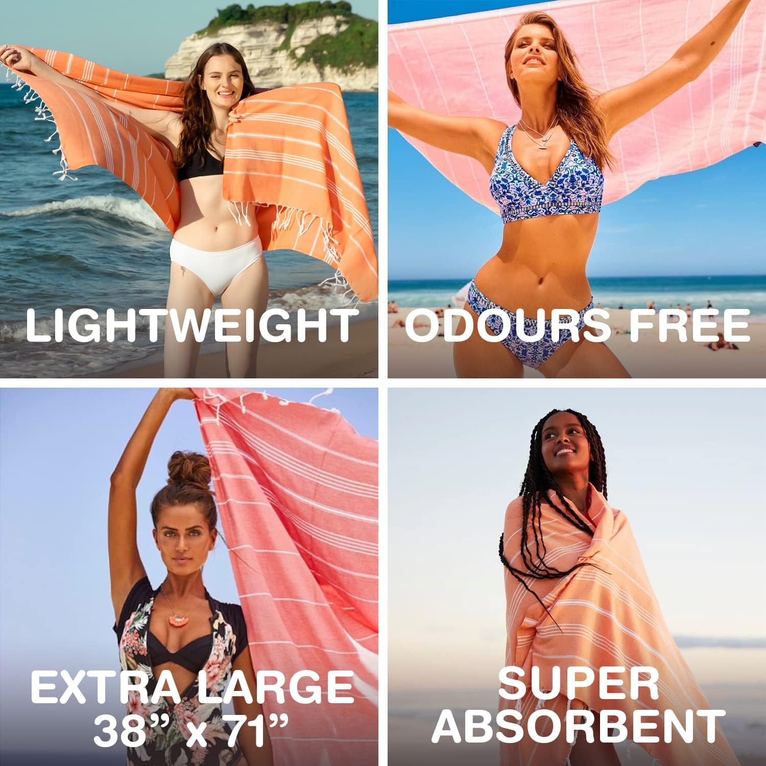 Oversized Turkish Beach Towel 38’’x71’’ - Set of 4 | 100% Turkish Cotton Lightweight Sand Free Quick Dry Pool Towels