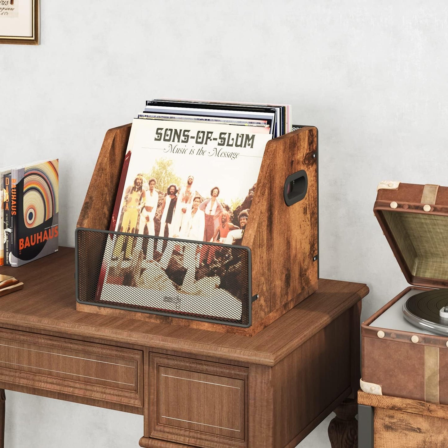 Homeiju Vinyl Record Storage, Record Box Case Crate, Vinyl Record Album Holder, Metal & Wooden LP Record Crate, Holds