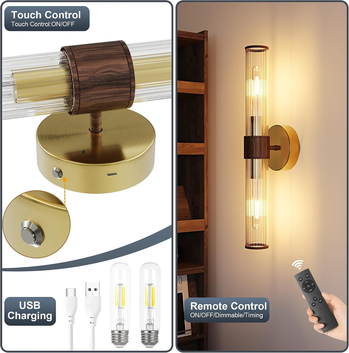 Morauroral Gold Walnut Battery Operated Wall Sconces Set of 2 | Rechargeable Wall Lights with Remote, 20 Inch Modern