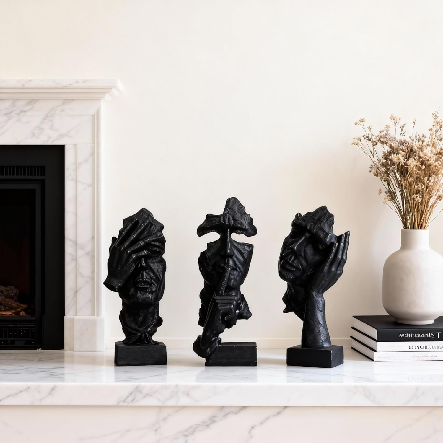 Thinker Statue / Silence is Abstract Art Figurine / Black / Set of 3