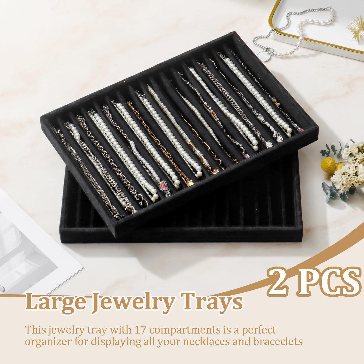 Large Velvet Jewelry Tray Stackable Jewelry Display Drawer Inserts / Black / 16 Grids / Set of 2