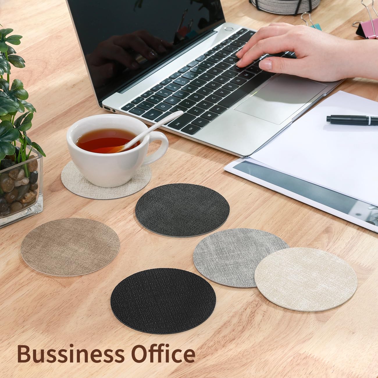 Holder / Dual Sided Non-Slip Washable Faux Leather Cup Coasters / Gray Black / Set of 12