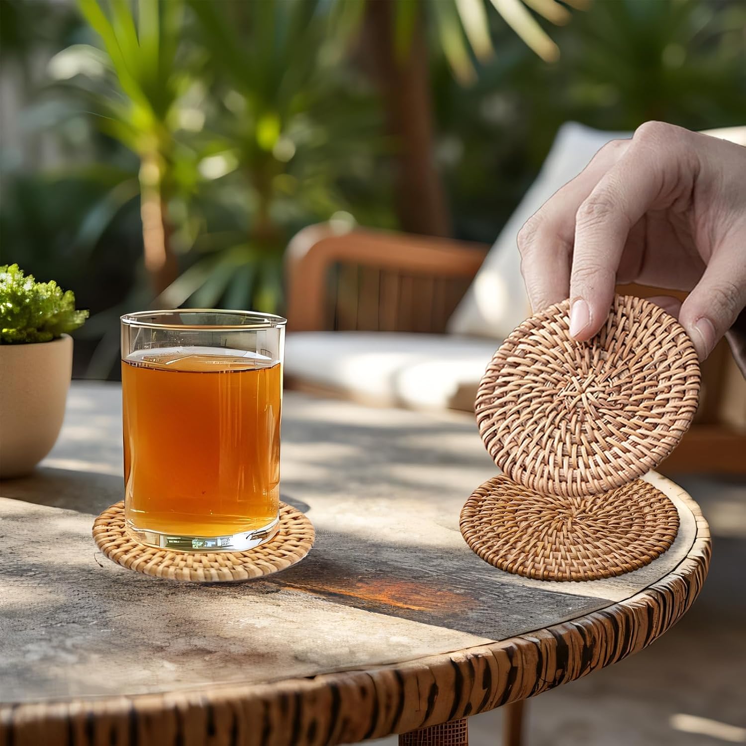 Holder / Boho Woven Coasters Set / Natural Beige Single Rattan Weave / Set of 8