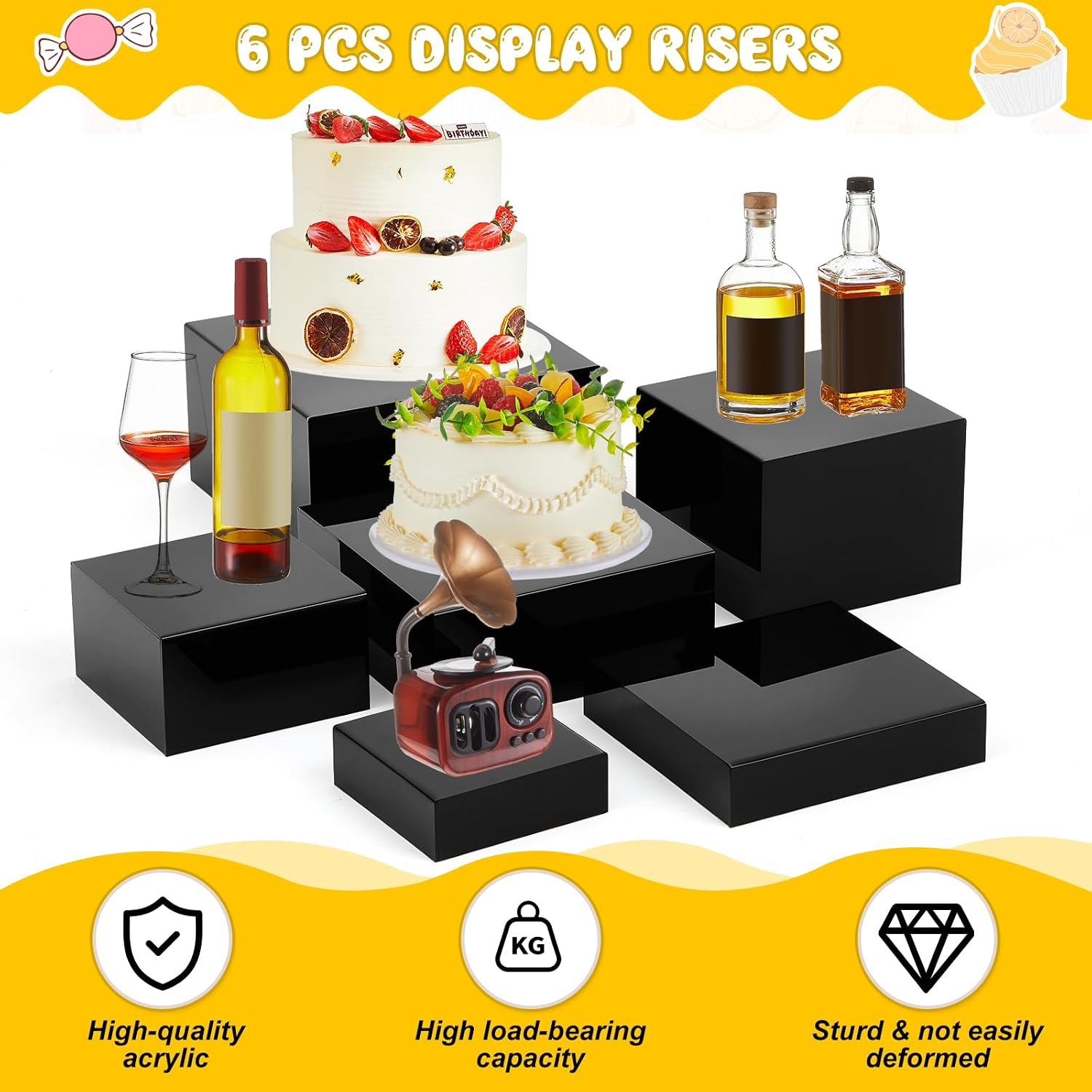 Catering Dessert Table Risers Food Decorative Stands / Black / 6 To 11 Inch / Square / 11 Inch