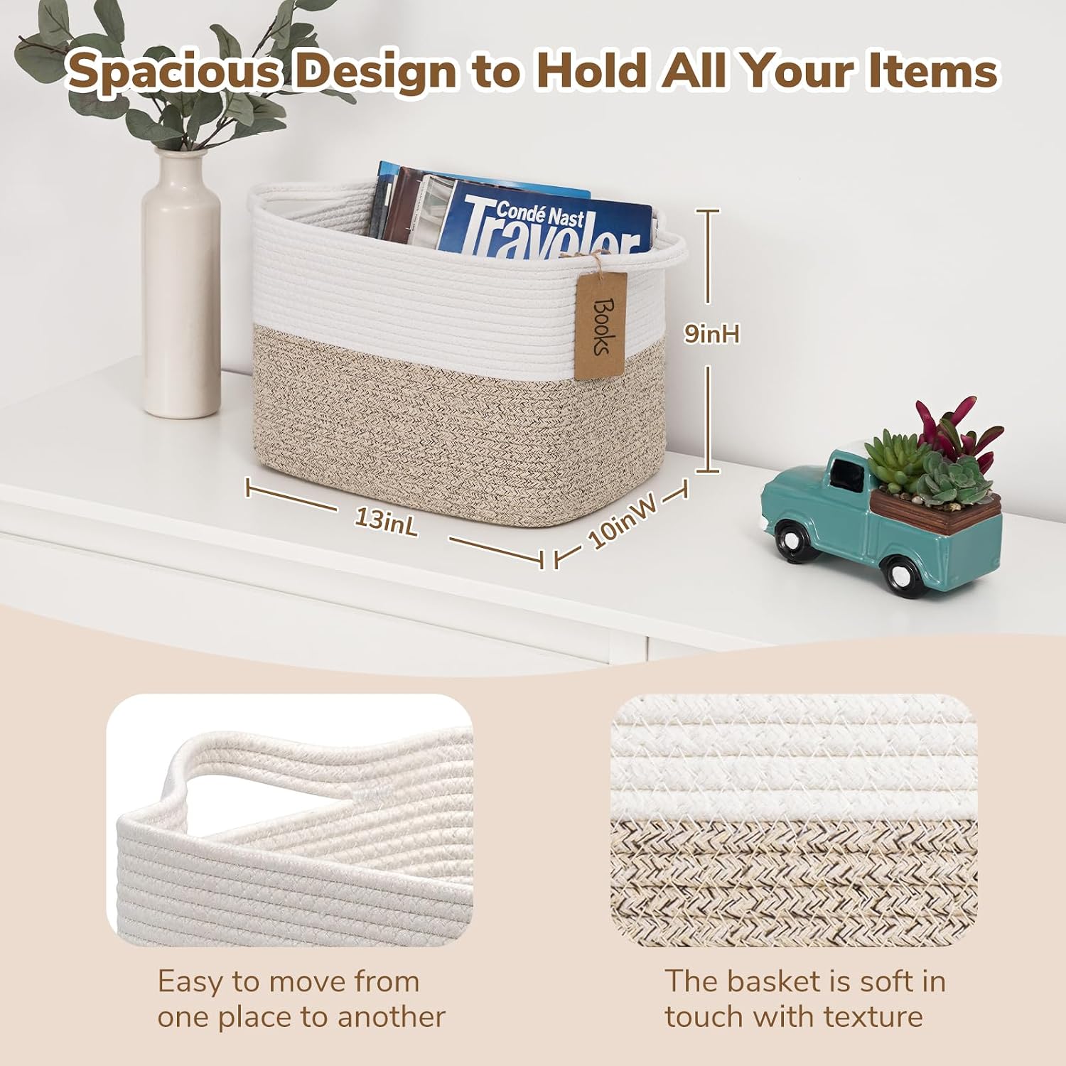 Woven Storage Basket / Light Brown / 13"L x 10"W x 9"H / 13 x 10 x 9