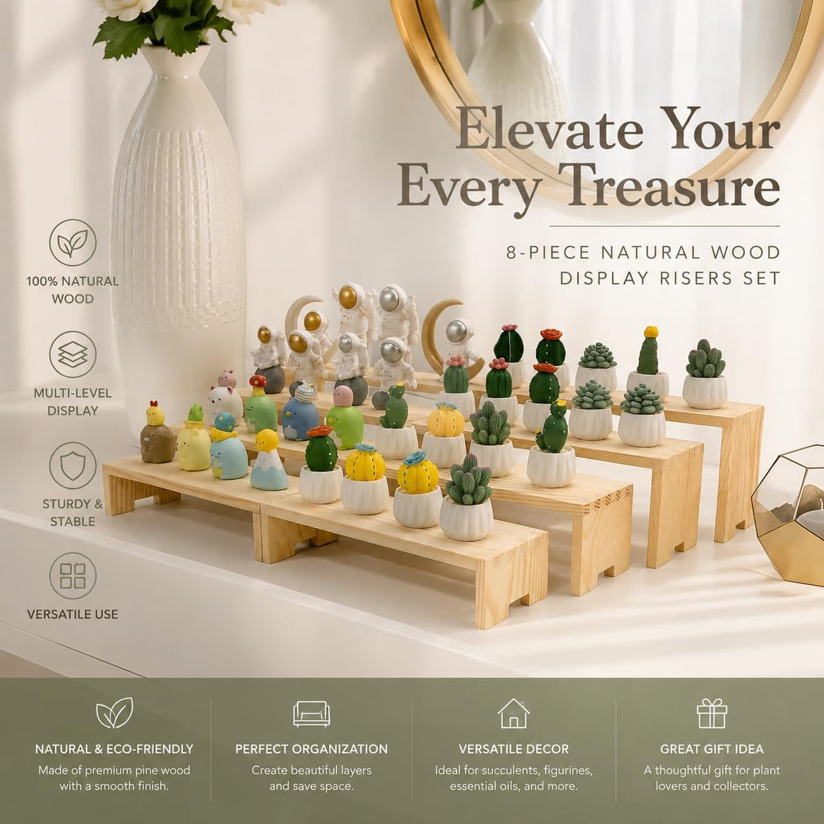 Yikaroeli Large Display Wood Risers Wooden Display Stand Tiered Wood Racks Decorative Rectangular, 4 Set 16 Pieces