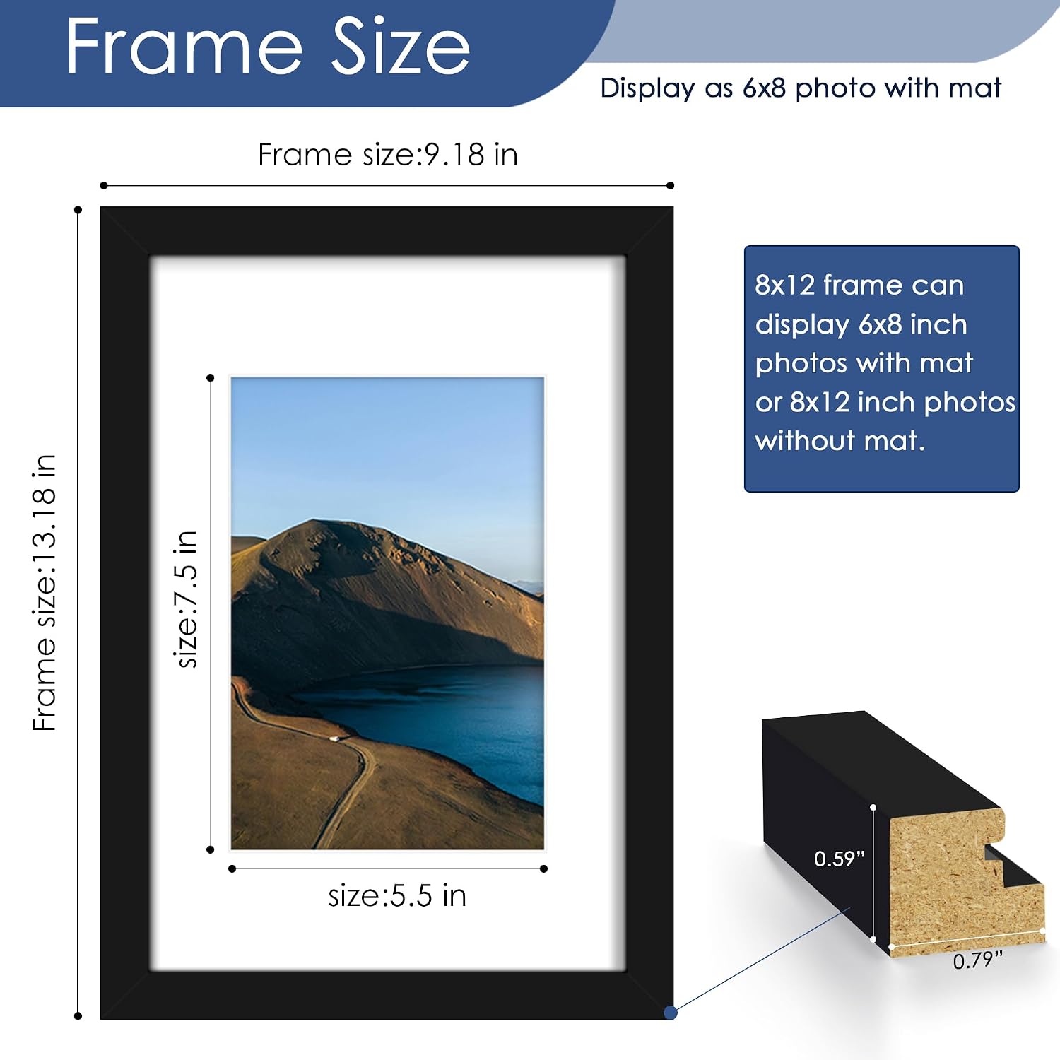 8x12 Picture Frame Set of 6, Wall or Tabletop Display, Black | Display 6x8 with Mat or 8x12 Without Mat, Horizontal or