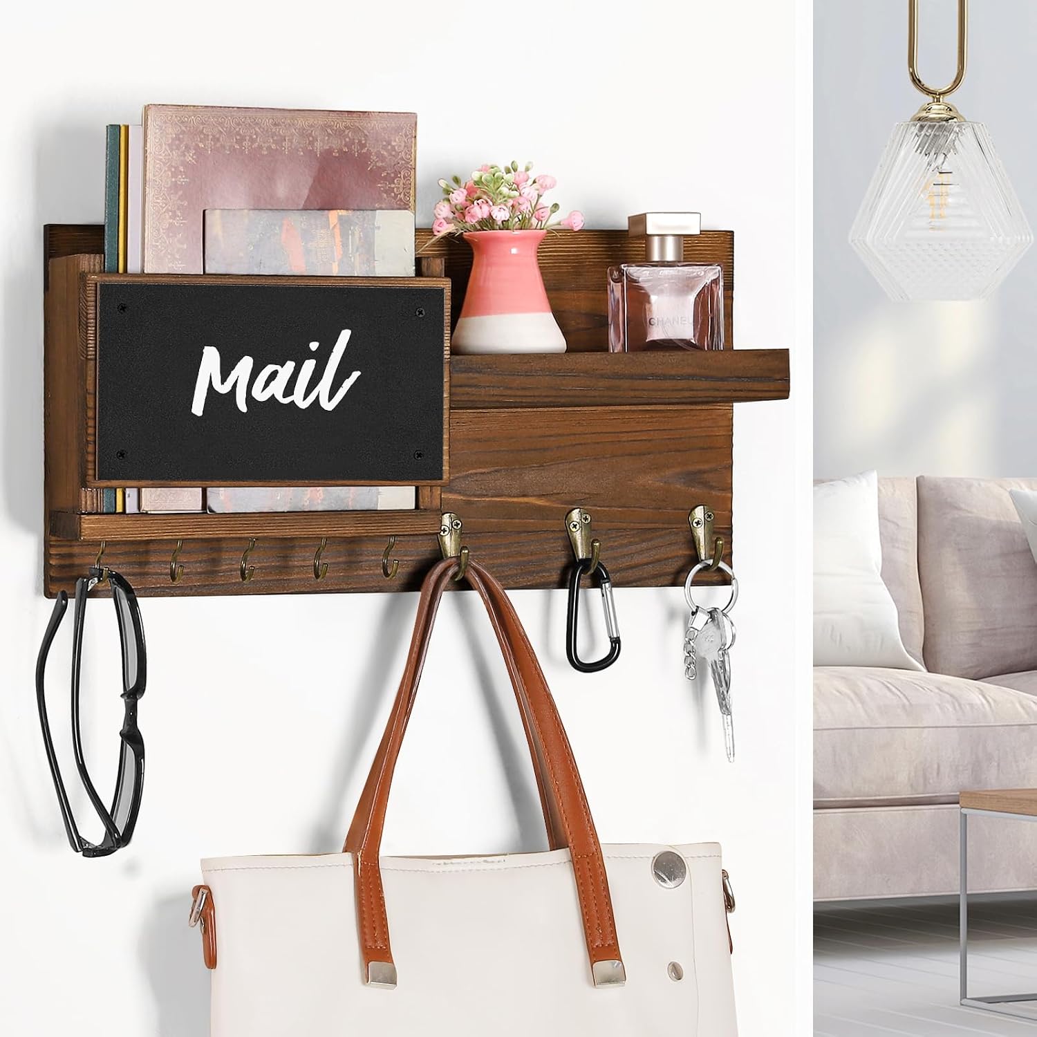 Easy Install Natural Wooden Key and Mail Holder / Brown