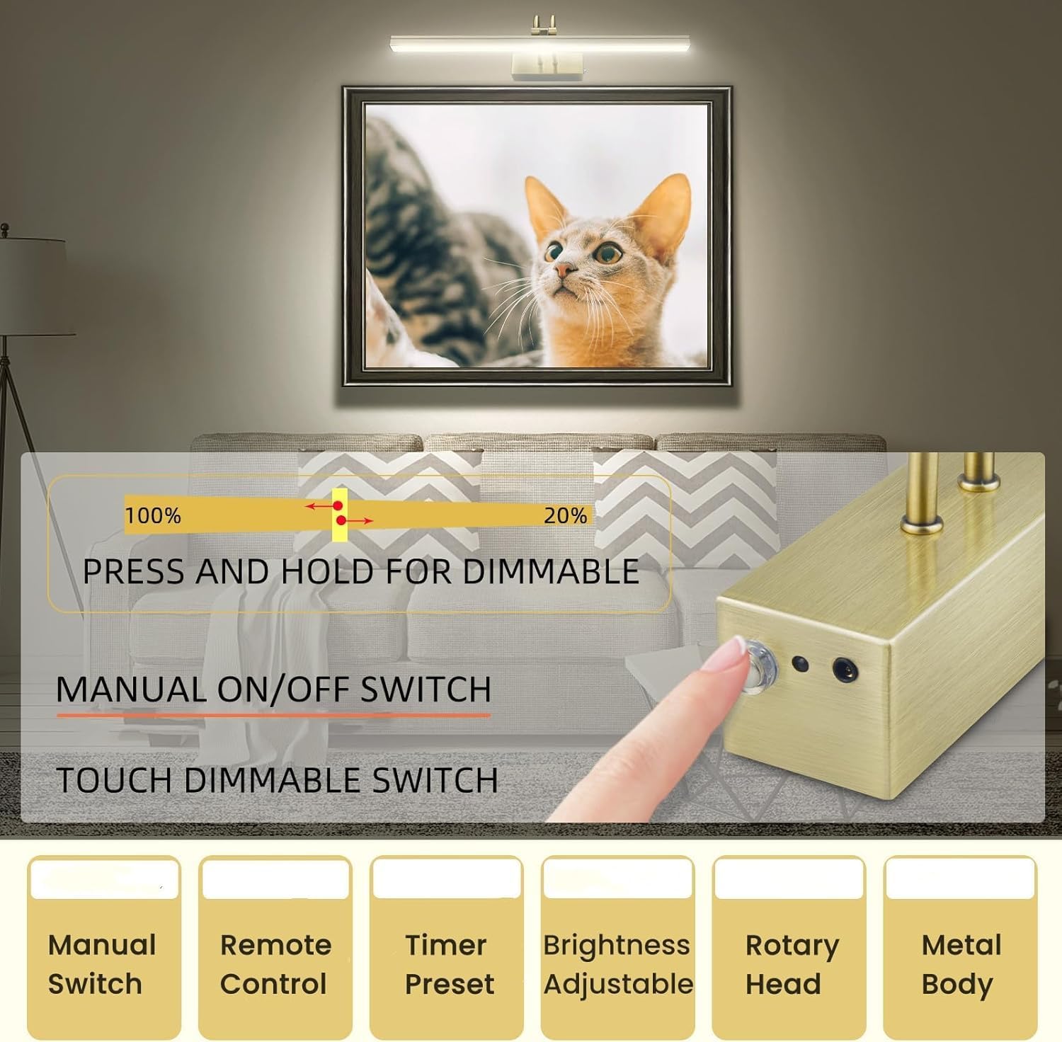 Rechargeable Picture Light with Remote, 13", Antique Brass | 5000mAh Battery Operated, 2 Colors Gallery Light, 280LM