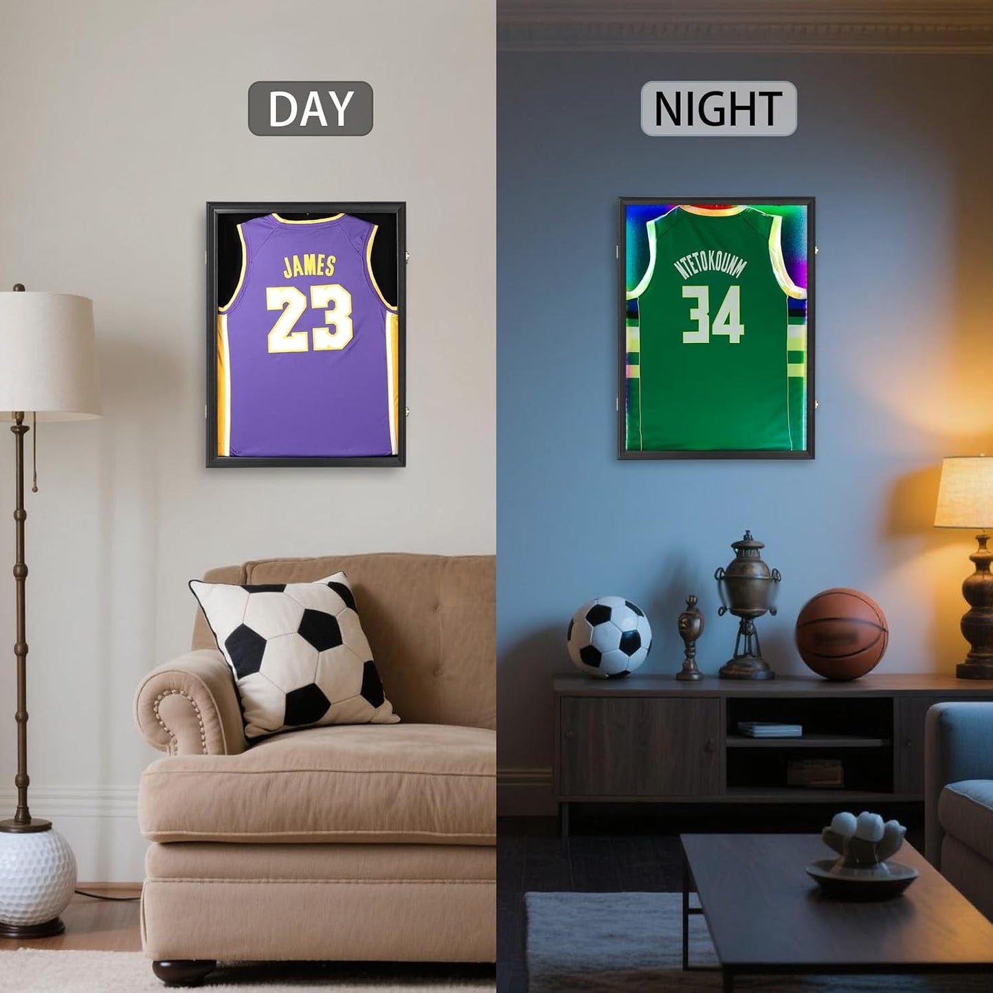 IHEIPYE LED Jersey Frame Display Case - Shadow Box with LED Light - Black Lock, UV Resistant Acrylic Wall Mount Display