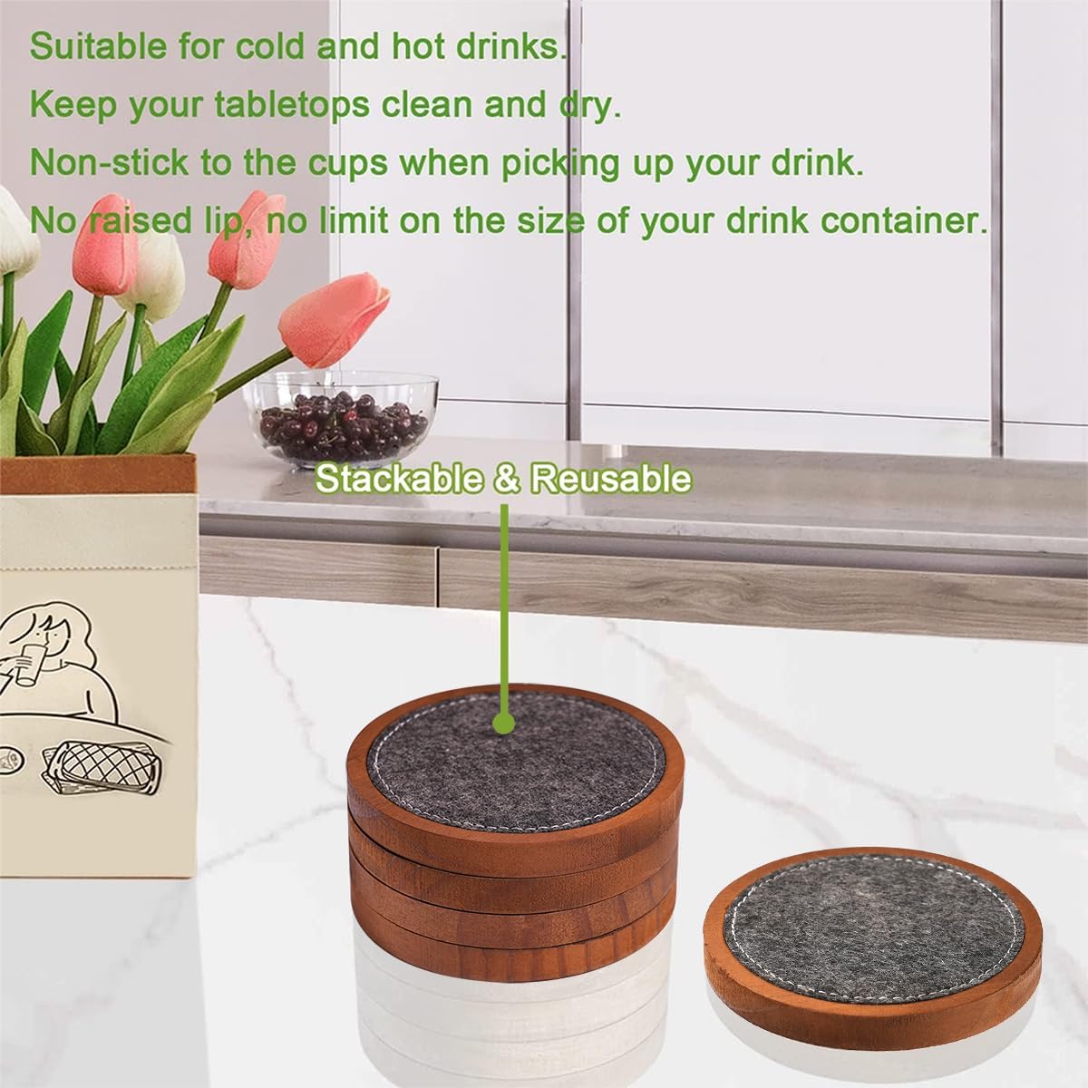 Absorbent and Insulation Felt Stackable Cup Holders / Set of 5