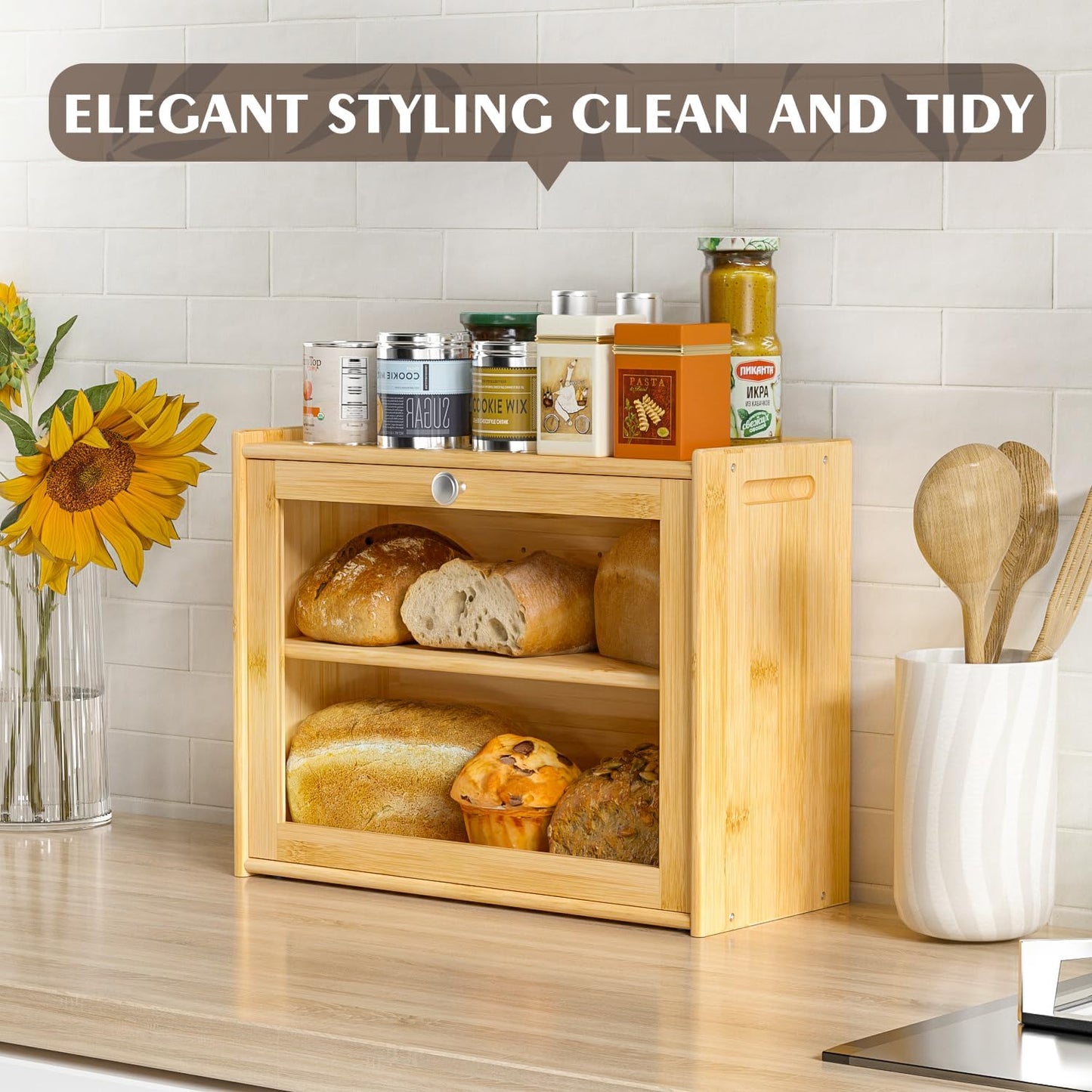 Bread Box for Kitchen Countertop, Double-layers large Bread Container with Transparent Door, Bread Storage&Multiple