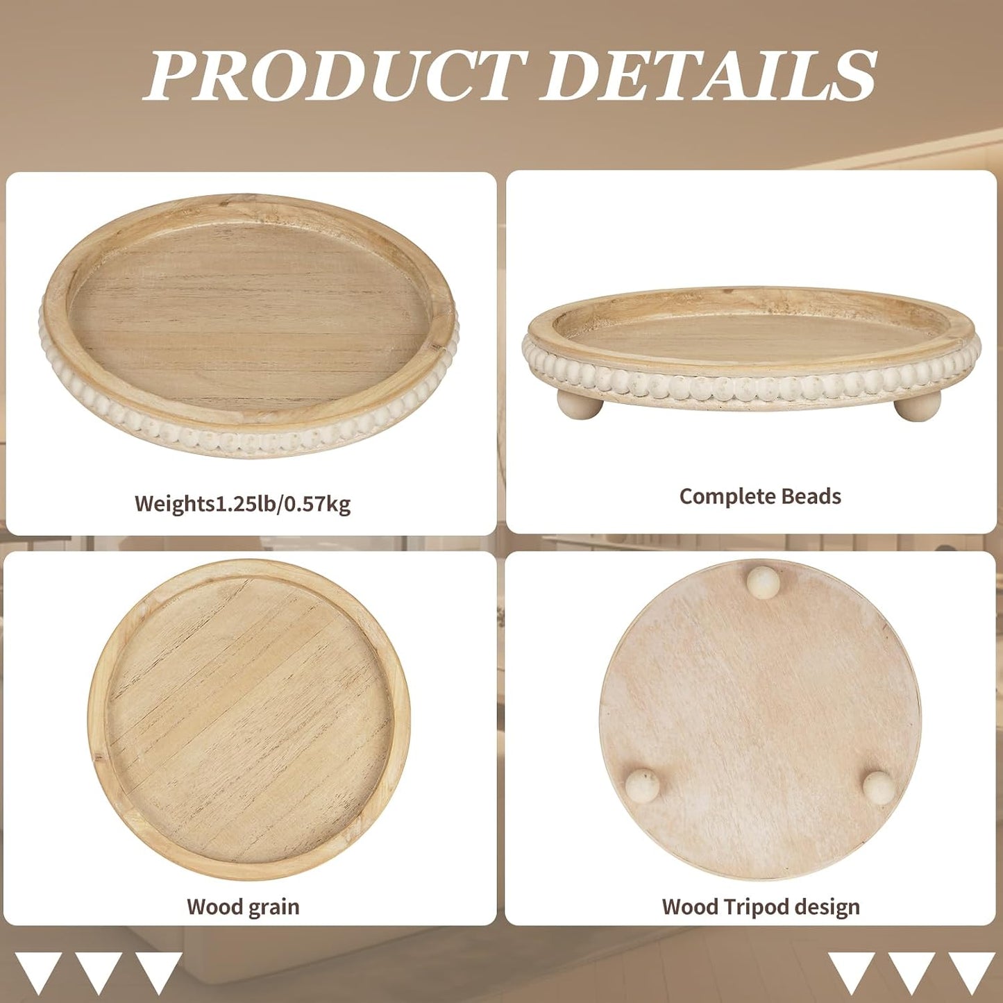 Round Wooden Tray Decor Log Beaded Distressed Rustic Farmhouse Centerpiece for Living / Light Brown